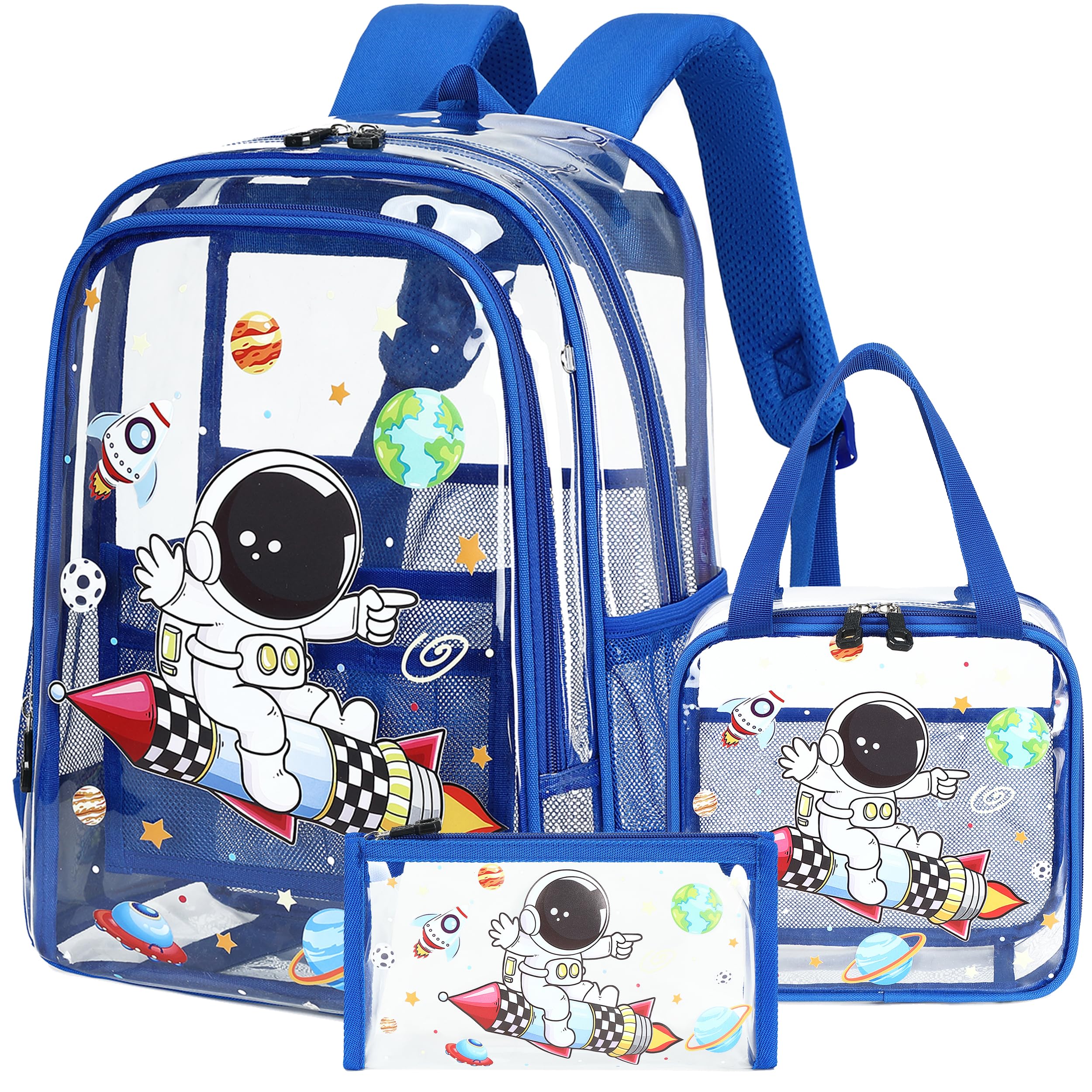 15.6 Inch Clear Backpack for School - Transparent PVC Bookbag with Lunch Bag & Pencil Case for Boys & Girls | Blue Astronaut Design | Perfect for Elementary Students, Travel & Daily Use