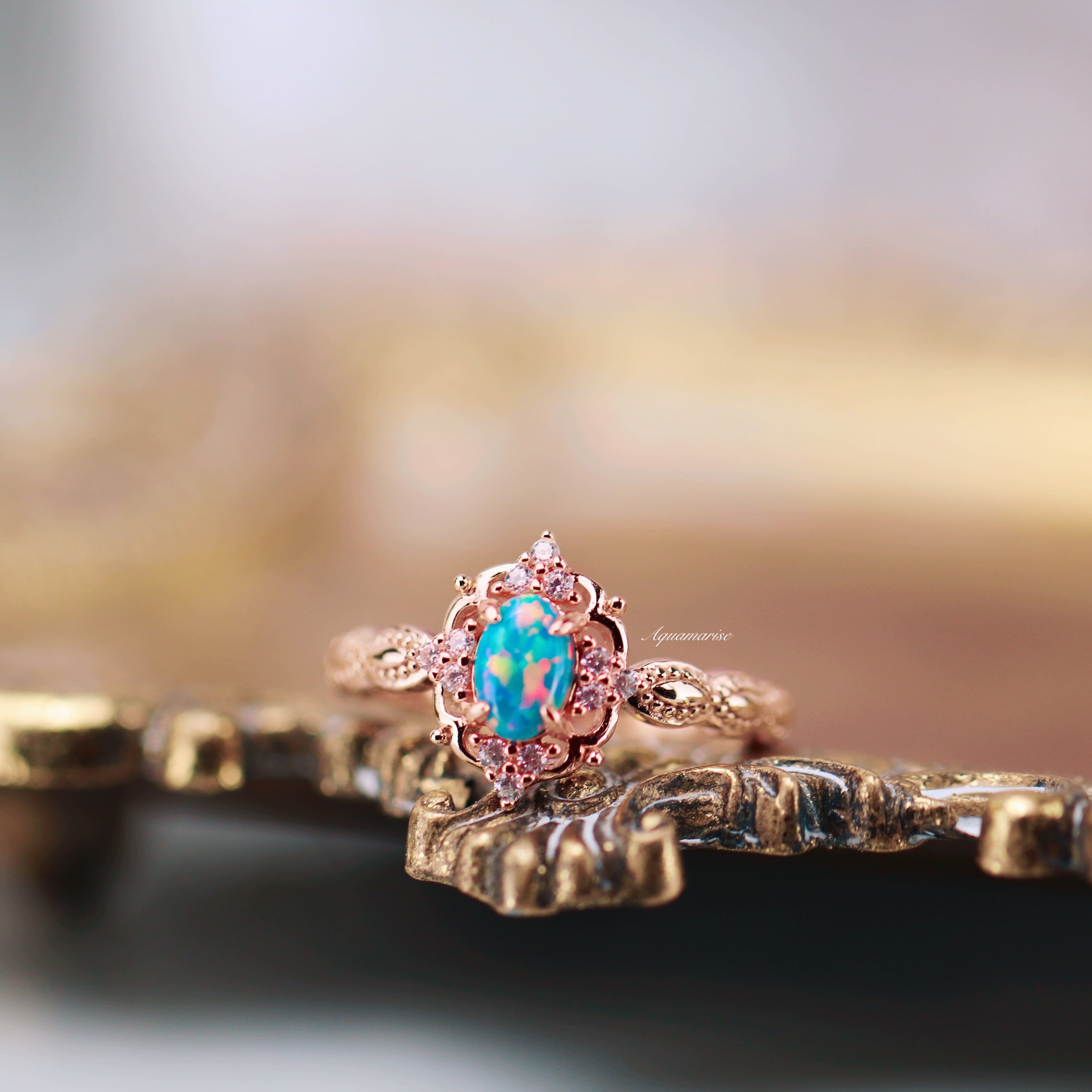 Vintage Blue Fire Opal Engagement Ring - 14K Solid Rose Gold Wedding Band for Women, Unique Handmade Jewelry Gift for Brides, Anniversaries & Special Occasions