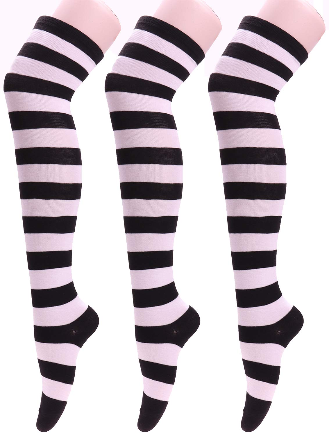 3 Pairs Women's Thigh High Stockings - Colorful Striped Over The Knee Socks (Size 5-10, W72) for Cosplay, Fashion Outfits & Winter Warmth