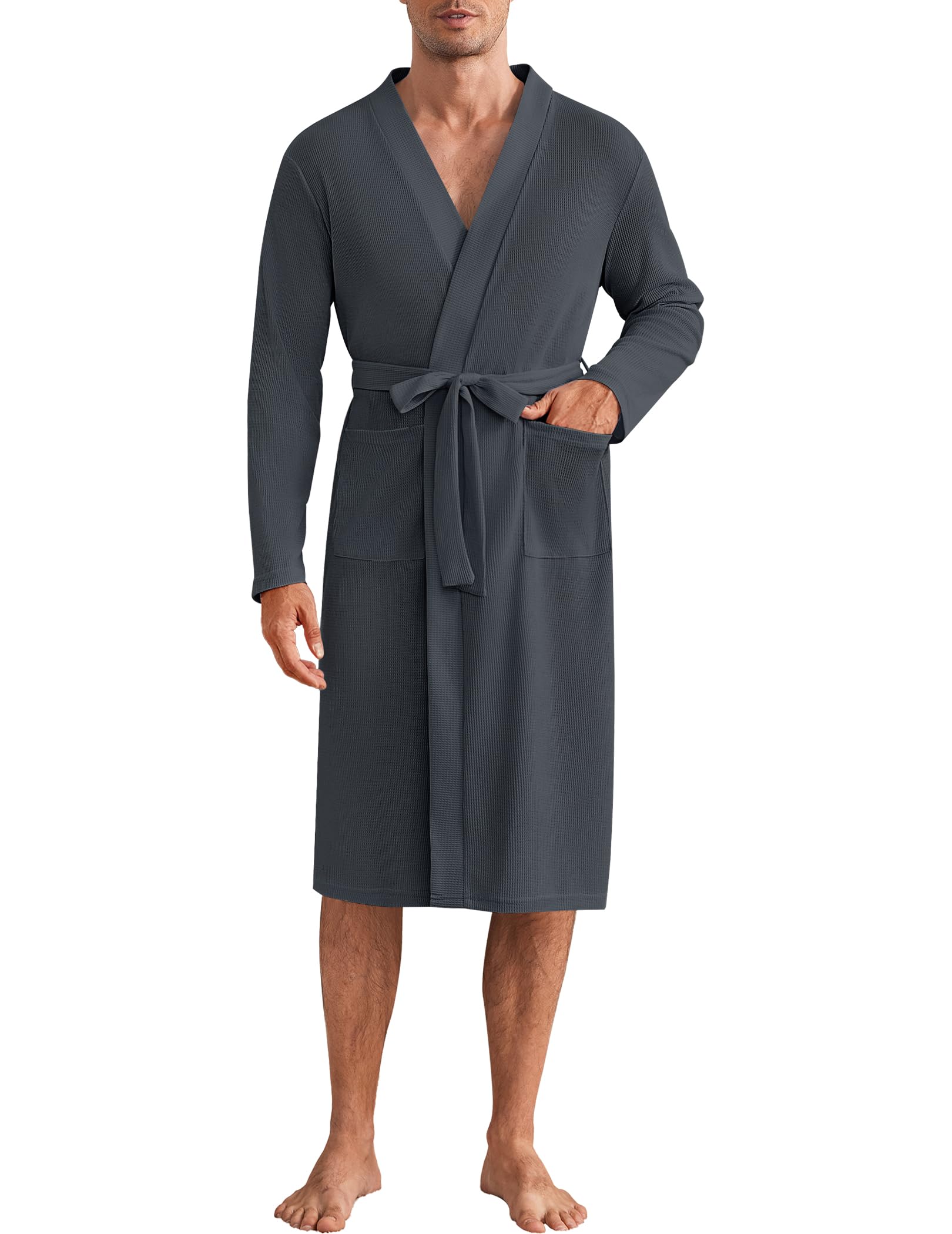 Ekouaer Men's Lightweight Waffle Knit Bathrobe - Soft Kimono Spa Robe with Pockets, V-Neck Long Sleeve Sleepwear for Shower, Lounge & Relaxation at Home