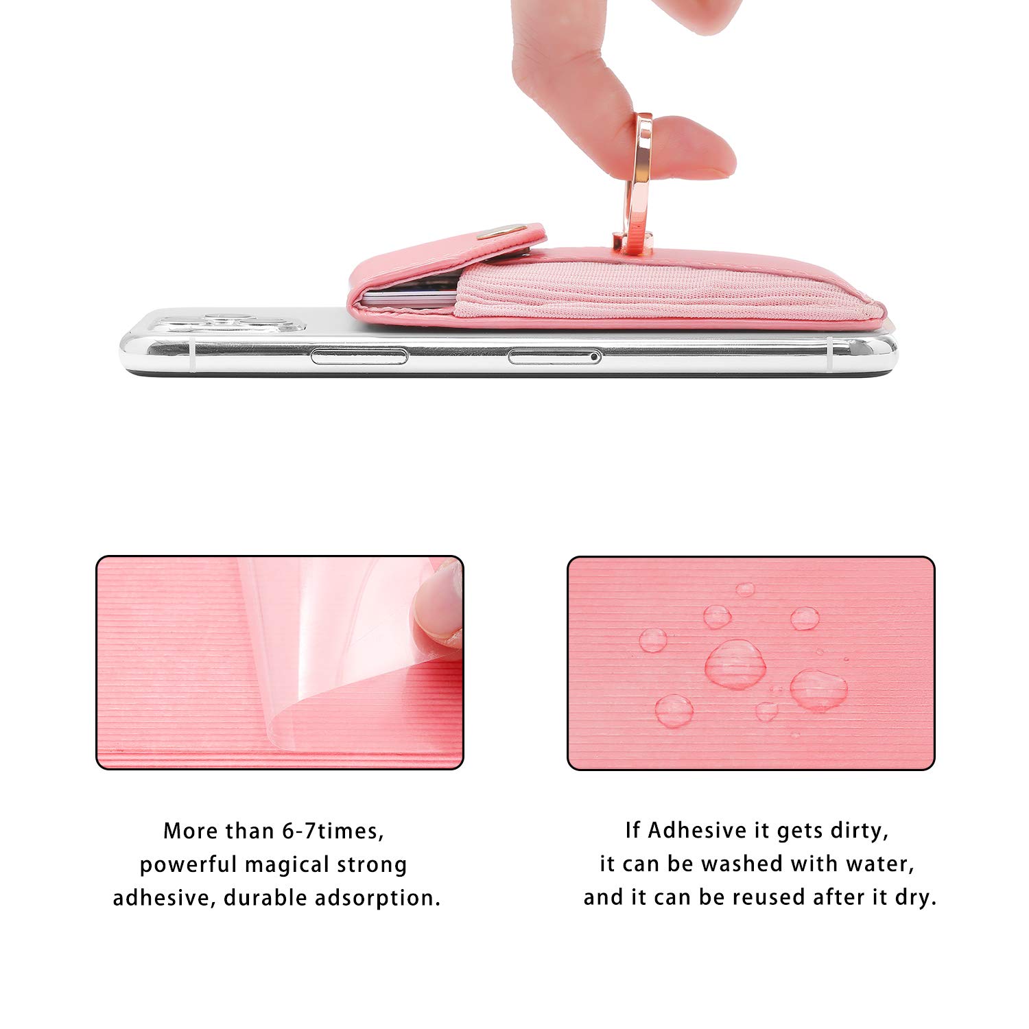Pink Adhesive Stick-on Cell Phone Card Holder with Ring Grip Stand & Detachable Neck Strap - Wallet Pocket for Credit Cards, ID & Cash - Perfect for Hands-Free Shopping, Travel & Daily Commute