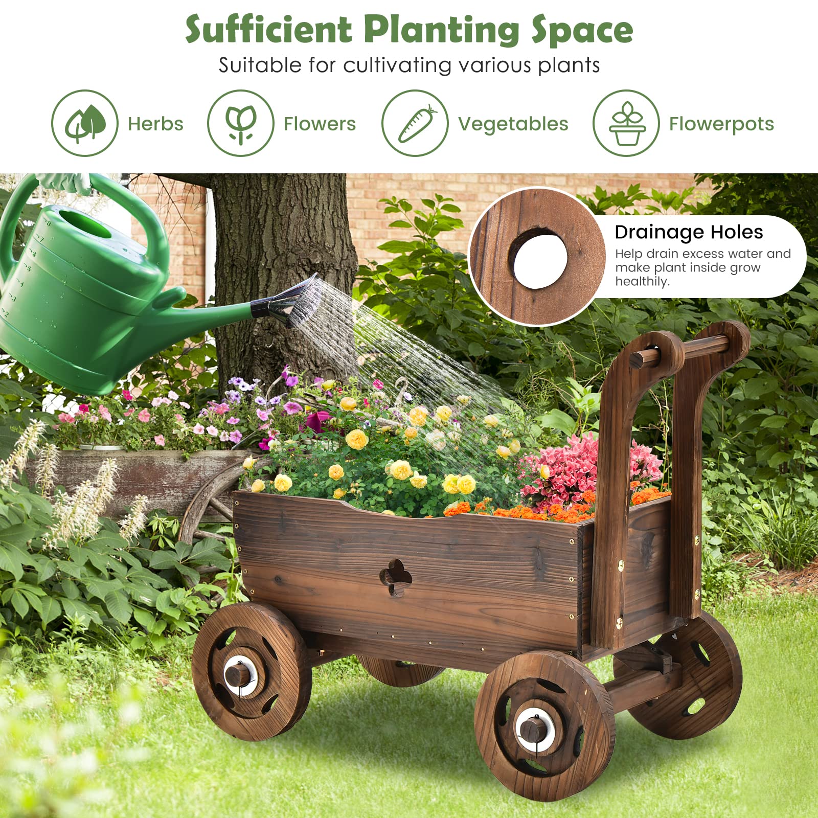 Giantex Wooden Wagon Planter with Wheels & Handle - Rustic Mobile Raised Garden Bed with Drainage Holes - Decorative Flower Pot Cart for Indoor Outdoor Patio Balcony Decor - Perfect for Herbs Flowers Succulents in Home Garden Landscaping