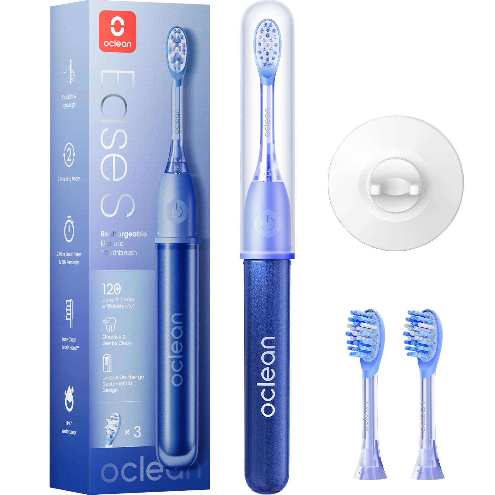 Oclean Ease Sonic Electric Toothbrush - USB Rechargeable, 3 Brush Heads & Timer for Home & Travel