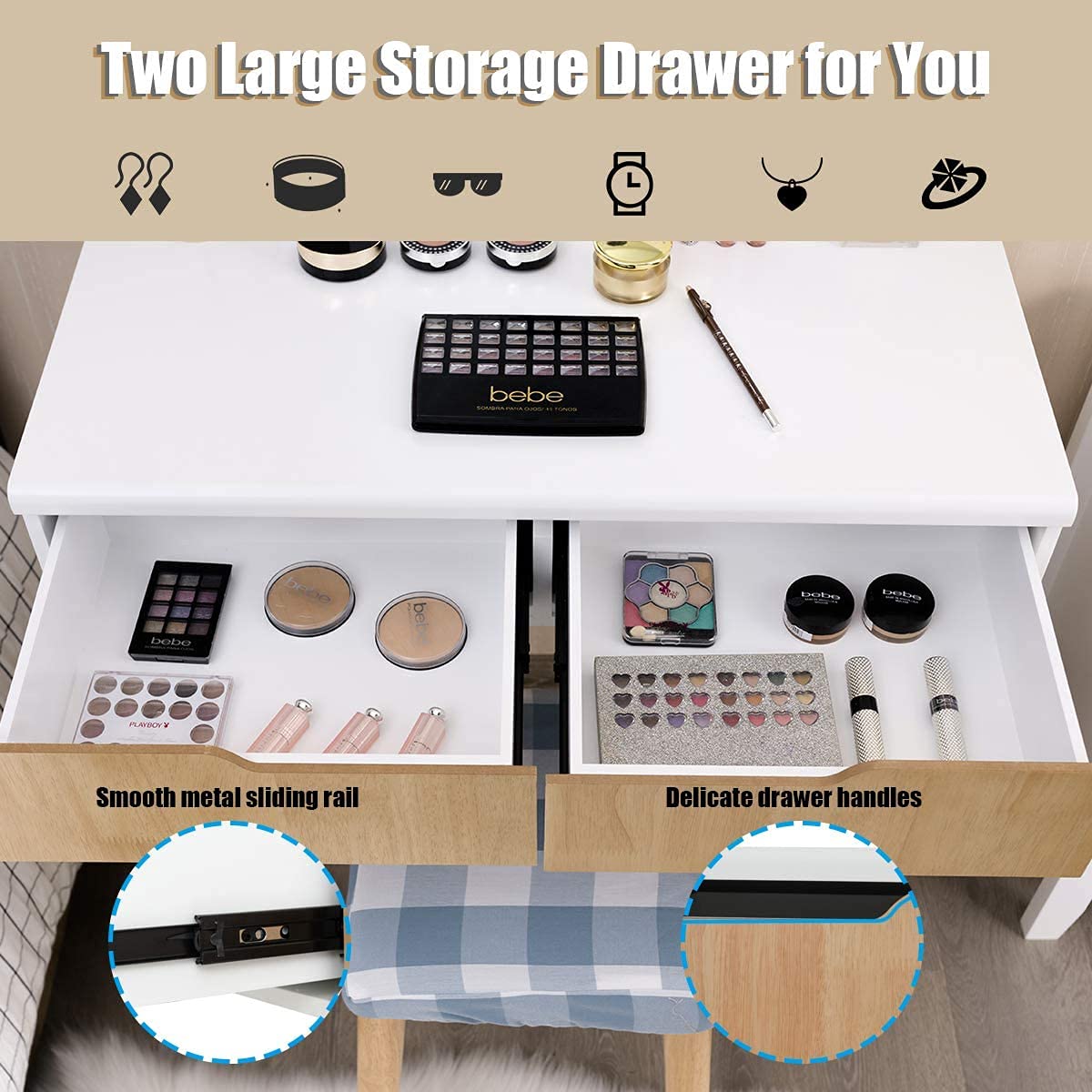 Byroce Vanity Table Set with Round LED Lighted Mirror, Makeup Dressing Table with 8 Adjustable Bulbs & Touch Switch - Includes Cushioned Stool & 2 Large Drawers (Black/Natural/White) | Perfect for Bedroom, Dressing Room, Home Salon & Beauty Studio (Model: HW66049US)
