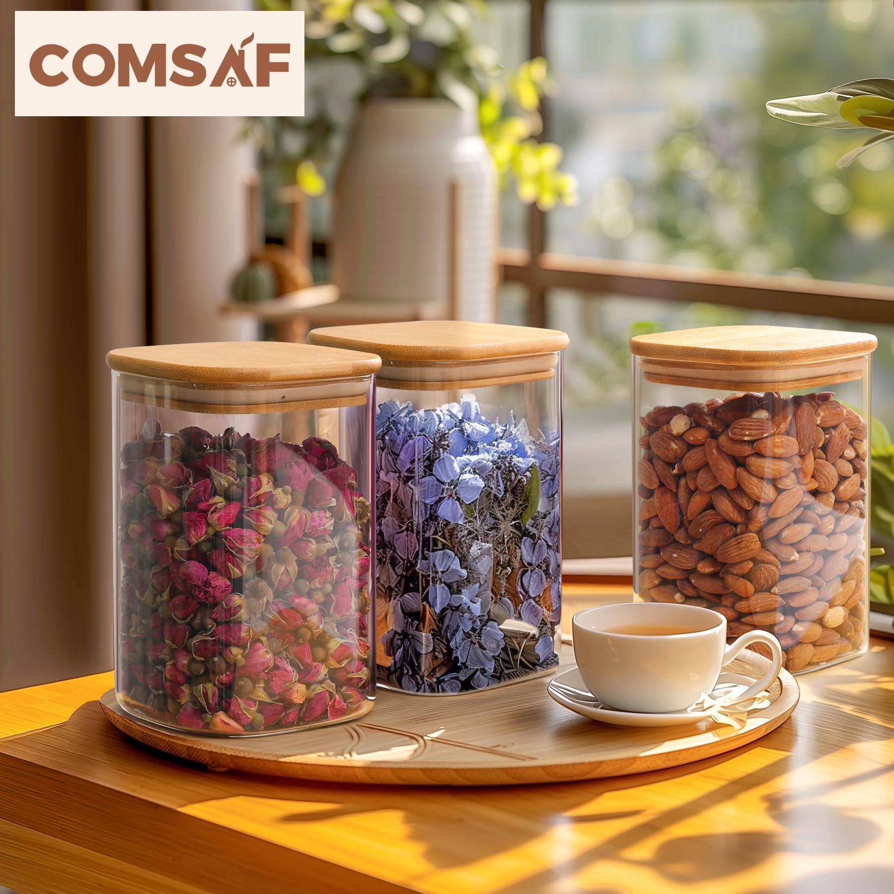 ComSaf 37 oz Glass Storage Containers with Airtight Lids - Set of 6 Clear Square Food Jars for Pantry Organization | Perfect for Storing Cookies, Flour, Oats, Pasta, Tea & Coffee Beans | Kitchen & Home Storage Solution