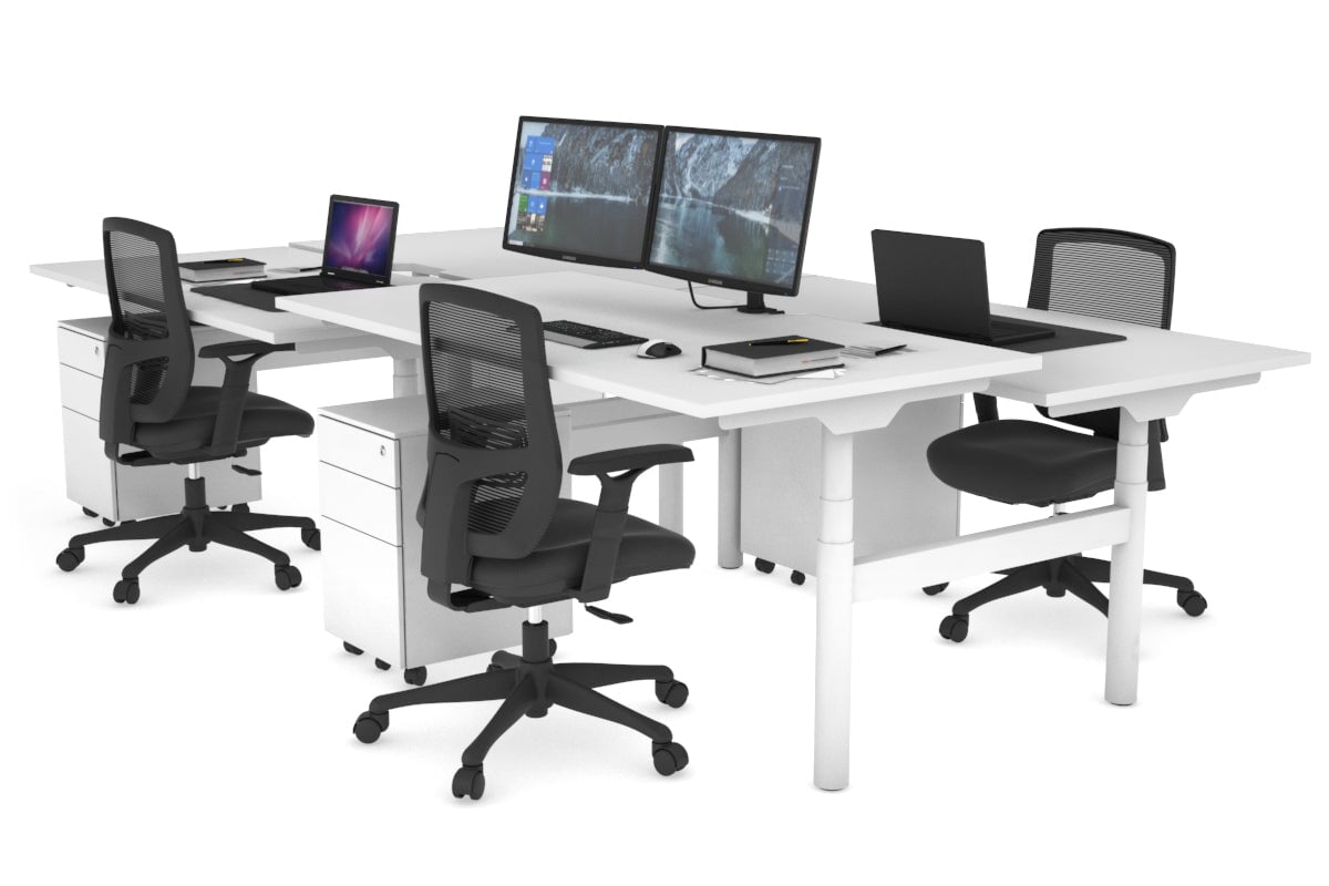 Flexi Premium Height Adjustable 4-Person H Bench Workstation - White Frame [1800L x 800W with Cable Management] - Ideal for Office, Coworking Spaces & Collaborative Work Environments