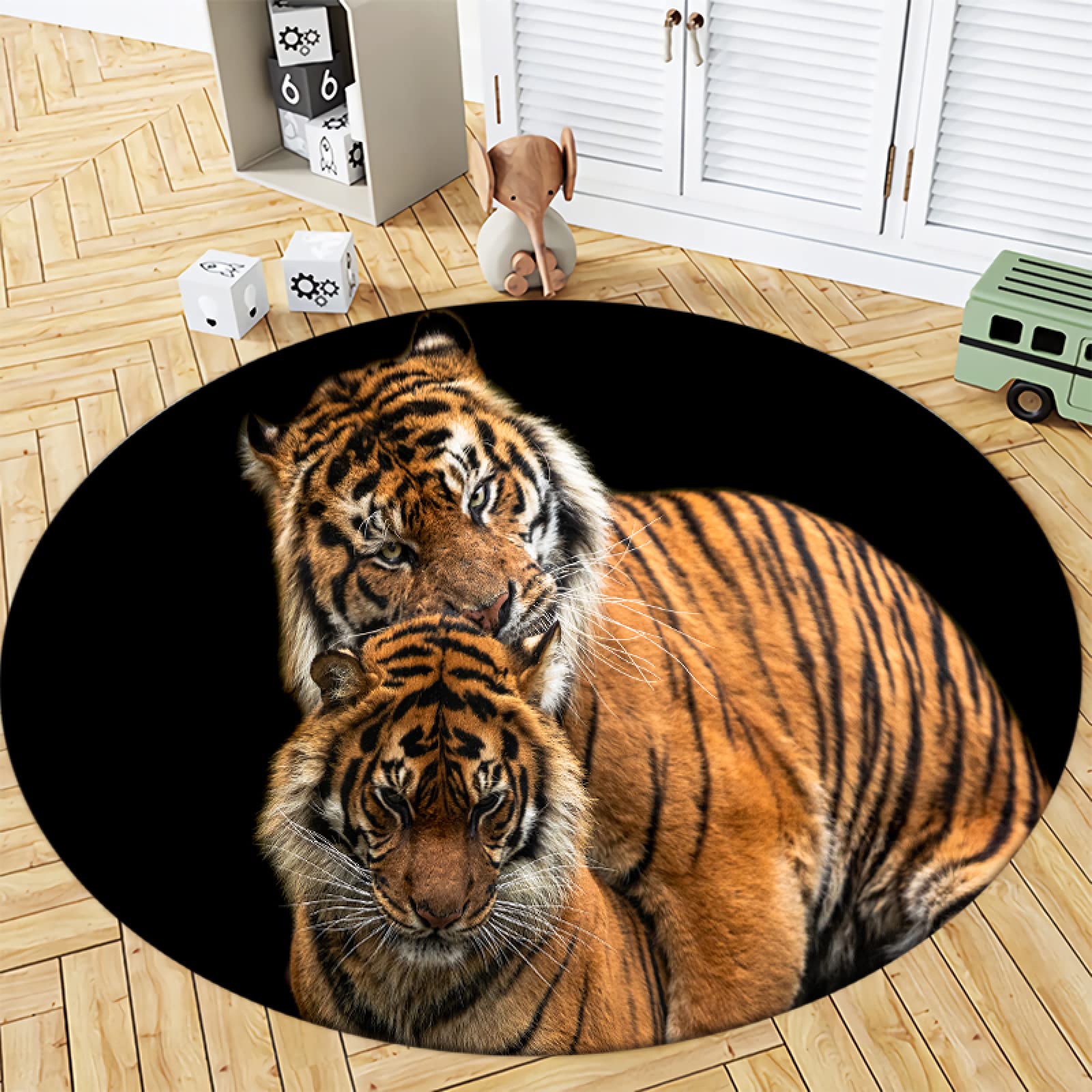 3D Tiger Round Couple Carpet - Non-Slip Floor Mat for Bedroom & Living Room - Soft Play Rug for Kids and Adults - Home Decor, Gaming Room, Nursery Mat - Perfect for Family Movie Nights, Kids Play Area and Pet Relaxation Spaces - Cozy Home Accent for Living Rooms, Bedrooms and Playrooms