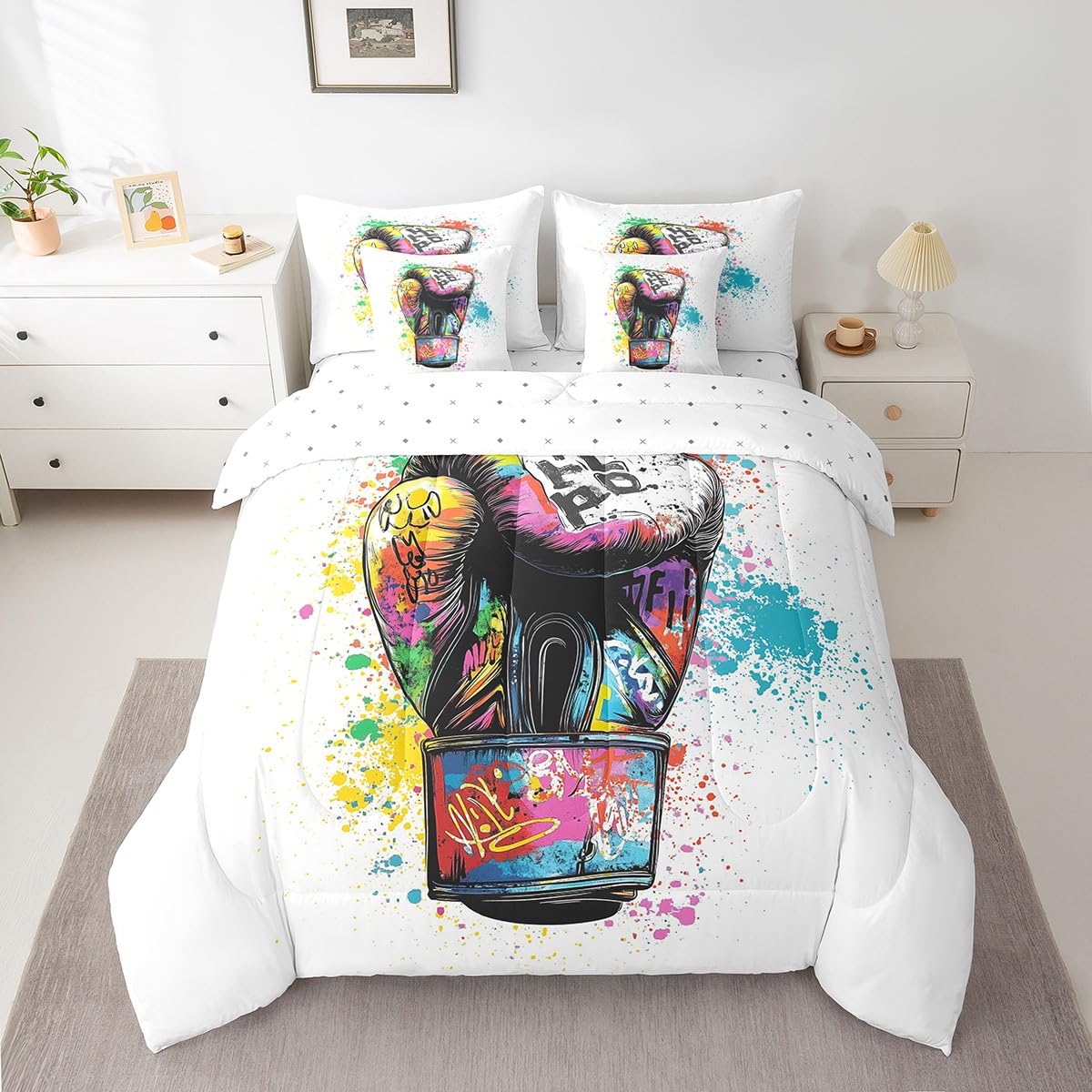 Feelyou 7-Piece Twin Bed in a Bag - Sports Themed Bedding Set for Boys & Girls with Boxing Gloves Print, Includes Comforter & Cushion Covers - Perfect for Kids' Rooms, Game Rooms & Sports-Themed Decor