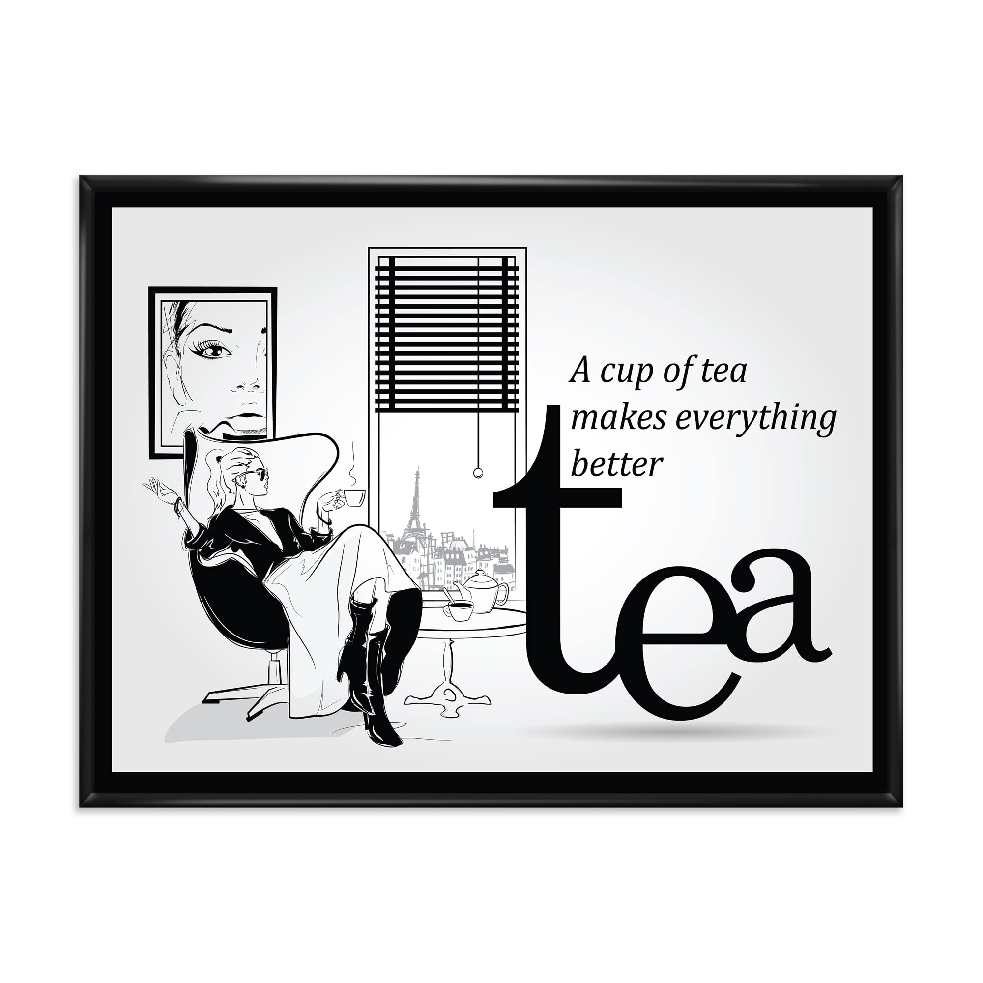 Vintage Tea Drinking Girl Canvas Wall Art - Retro Framed Home Decor Print for Living Room, Bedroom & Office