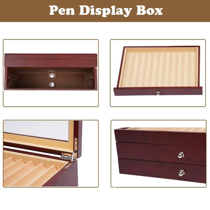 3 Layer Wooden Pen Display Box - 34 Slot Fountain Pen Organizer with Glass Window - Perfect for Collectors & Enthusiasts - Great Thanksgiving & Christmas Gift (Red) - Ideal for Home, Office & Gift Giving
