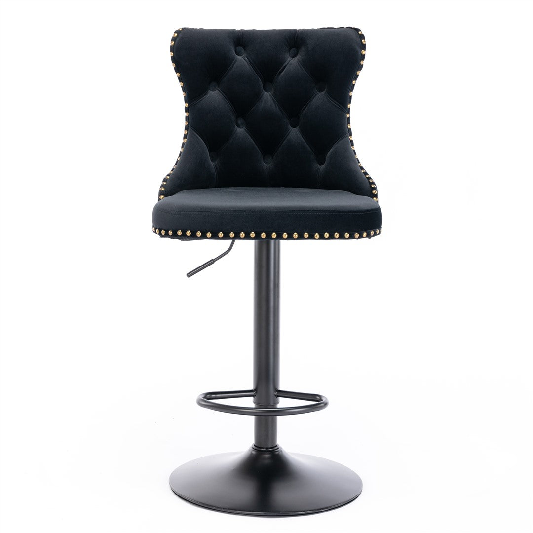Adjustable Height Swivel Bar Stools with Footrest - Velvet Upholstered Nailhead Accent Barstools for Kitchen Island, Home Bar & Dining Counter