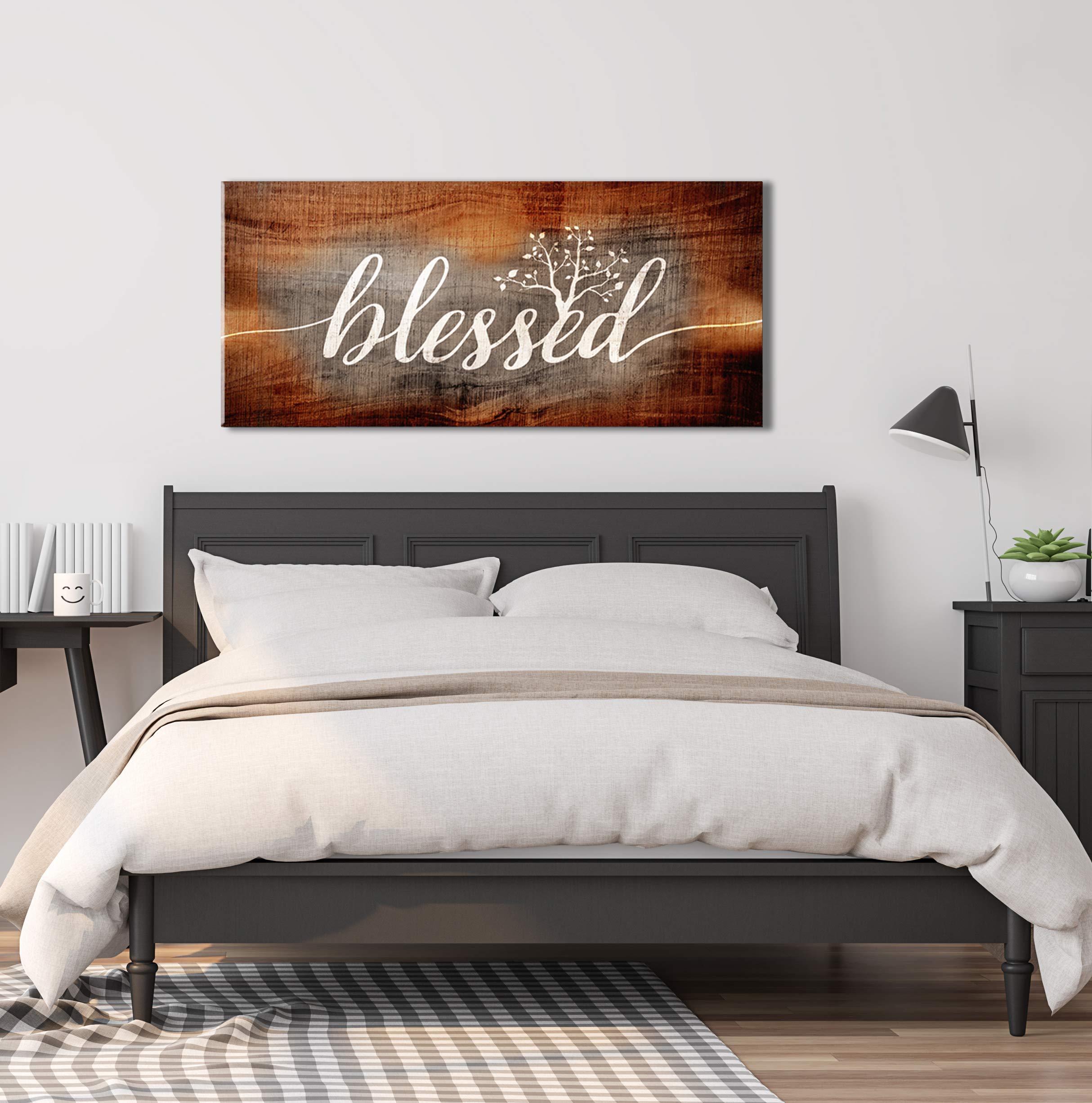 Christian Wall Art - Blessed Sign & Thankful Quotes Religious Home Decor | 42x19 Inch Brown Wooden Plaque | Perfect for Living Room, Bedroom & Church Decor