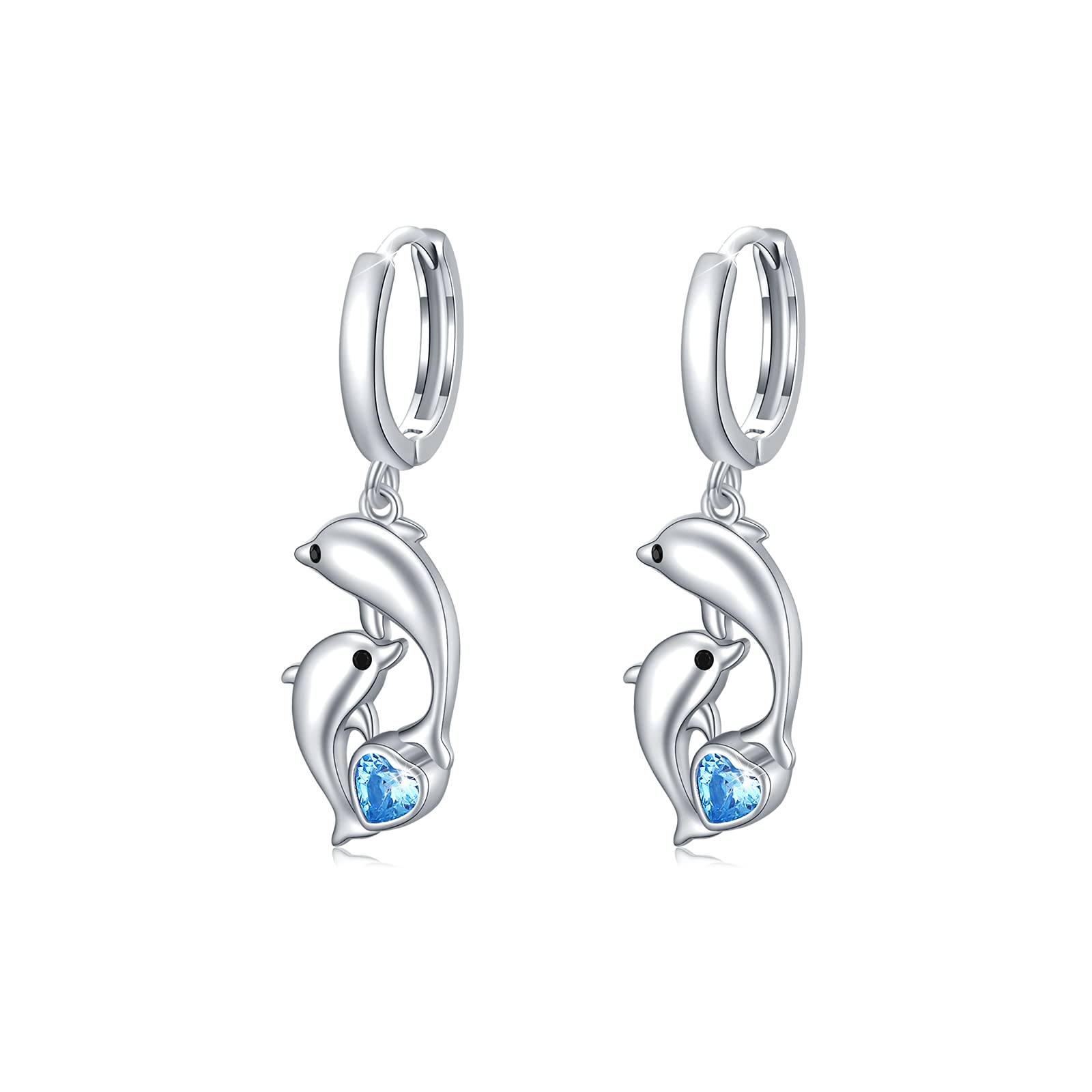 Women's Sterling Silver Dolphin Earrings with Blue Heart-Shaped Crystals – Hypoallergenic Hoop Drop Earrings for Sensitive Ears | Perfect Nautical Jewelry Gift for Best Friend, Ocean Lovers & Sailor Style Fashion