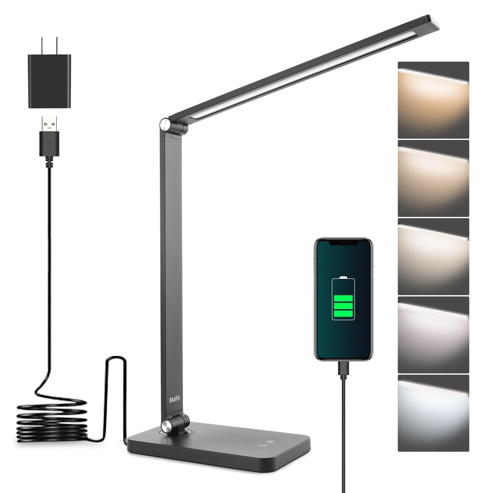 Mafiti LED Desk Lamp with 5 Light Modes & 3 Brightness Levels - Adjustable Arm Foldable Table Lamp for Home Office, Reading & Study - Eye-Caring USB Touch Light for Bedside, Workspace & Nightstand - Black