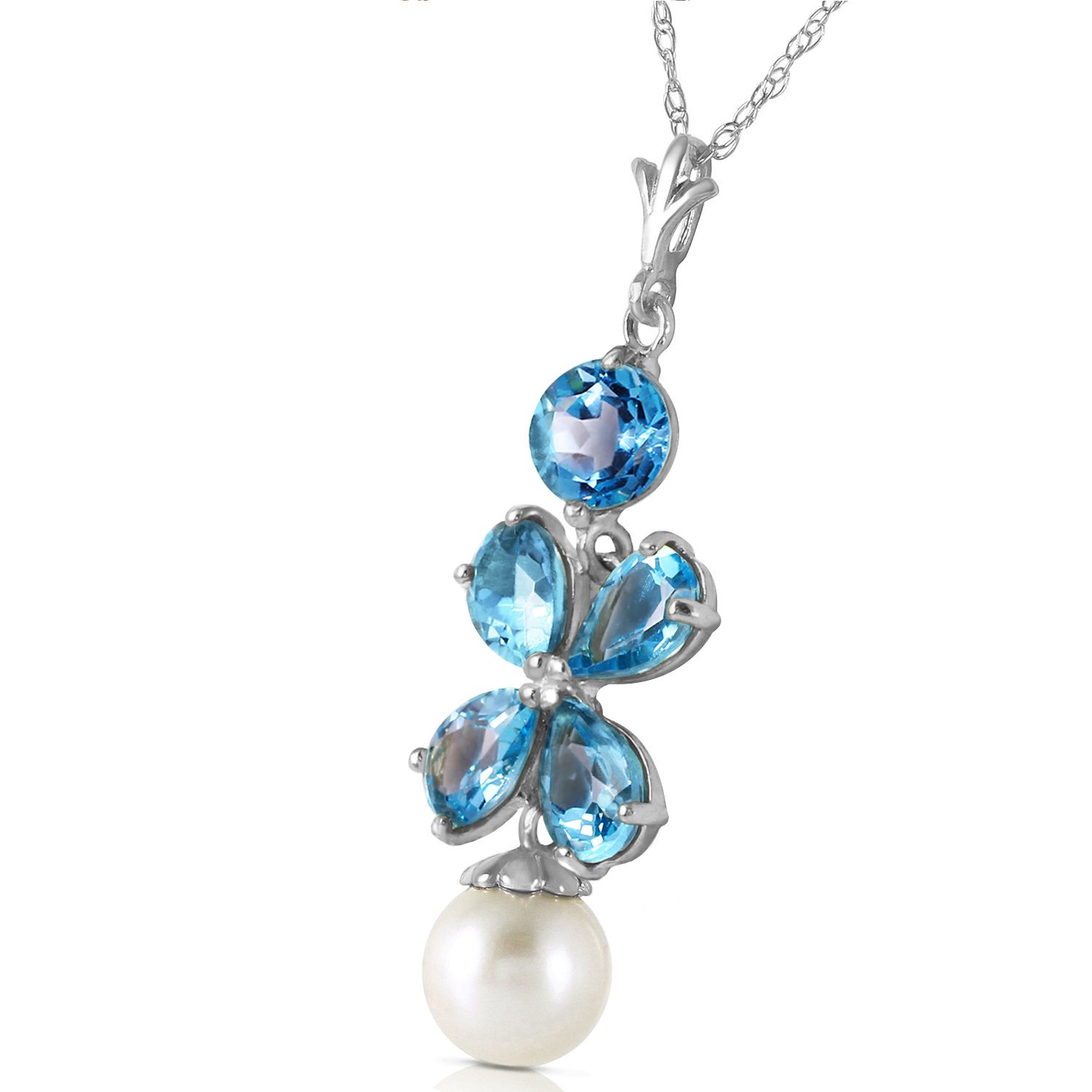14K Solid White Gold Necklace with 3.65 CTW Natural Blue Topaz & Freshwater Pearl Pendant - Elegant Jewelry for Women, Perfect for Weddings, Anniversaries & Special Occasions