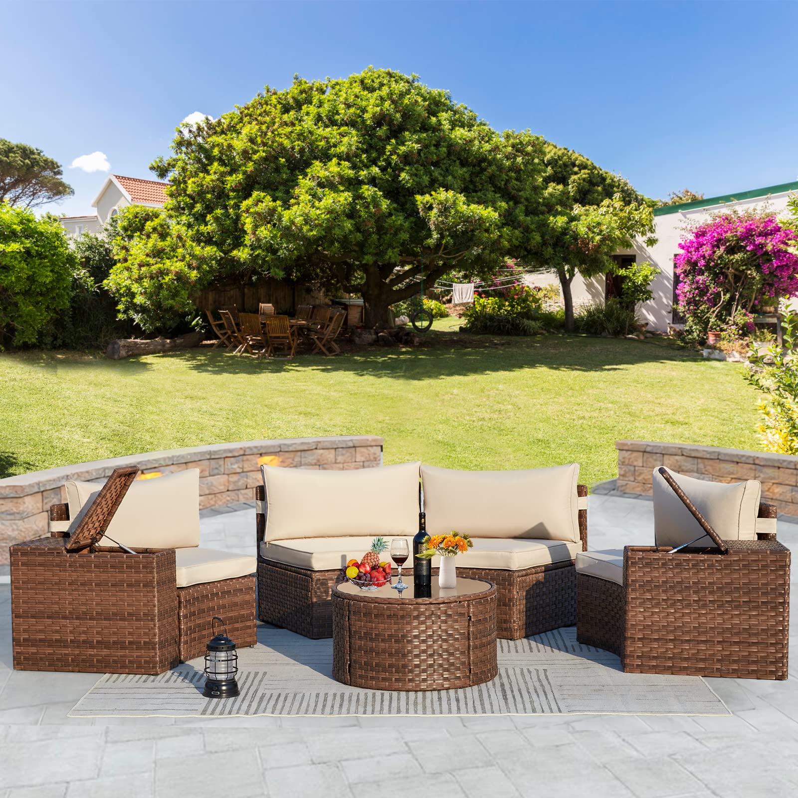 ECOTOUGE 7-Piece Outdoor Patio Furniture Set - Half Moon PE Wicker Sectional Sofa with Tempered Glass Coffee Table, Side Tables & Waterproof Covers (Beige) - Perfect for Garden, Backyard, Poolside & Outdoor Entertaining