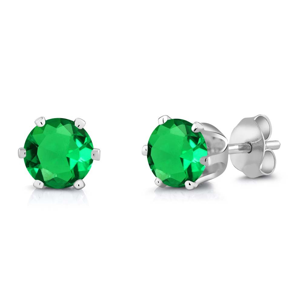 1.54 Ct 6mm Green Simulated Emerald Brass Stud Earrings for Women & Men - Silver Plated Fashion Jewelry - Perfect for Parties, Weddings & Everyday Wear