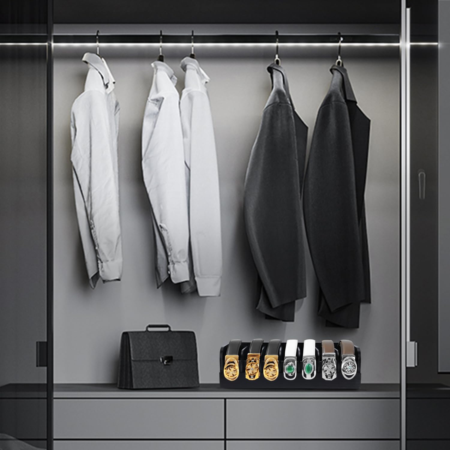 GTI Belt Organizer - 7 Compartment Belt & Tie Storage Case for Men & Women, Bamboo Drawer & Closet Organizer, Black - Perfect for Home, Office & Travel Accessory Organization