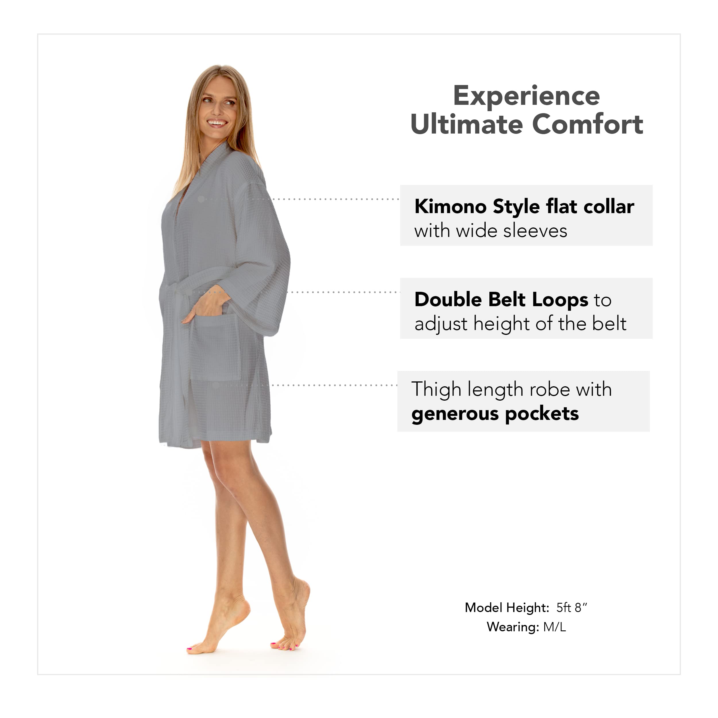 Boca Terry Women's Waffle Robe - Knee Length Lightweight Kimono Bathrobe for Spa, Lounge & Home Relaxation
