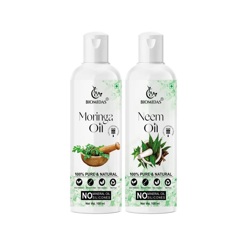 Biomidas 100% Pure Moringa Oil & Neem Oil Combo (100ML Each) - Promotes Rapid Hair Growth, Reduces Hair Fall & Split Ends for Softer, Shinier Hair - Perfect for Daily Hair Care & Scalp Treatment (Pack of 2)