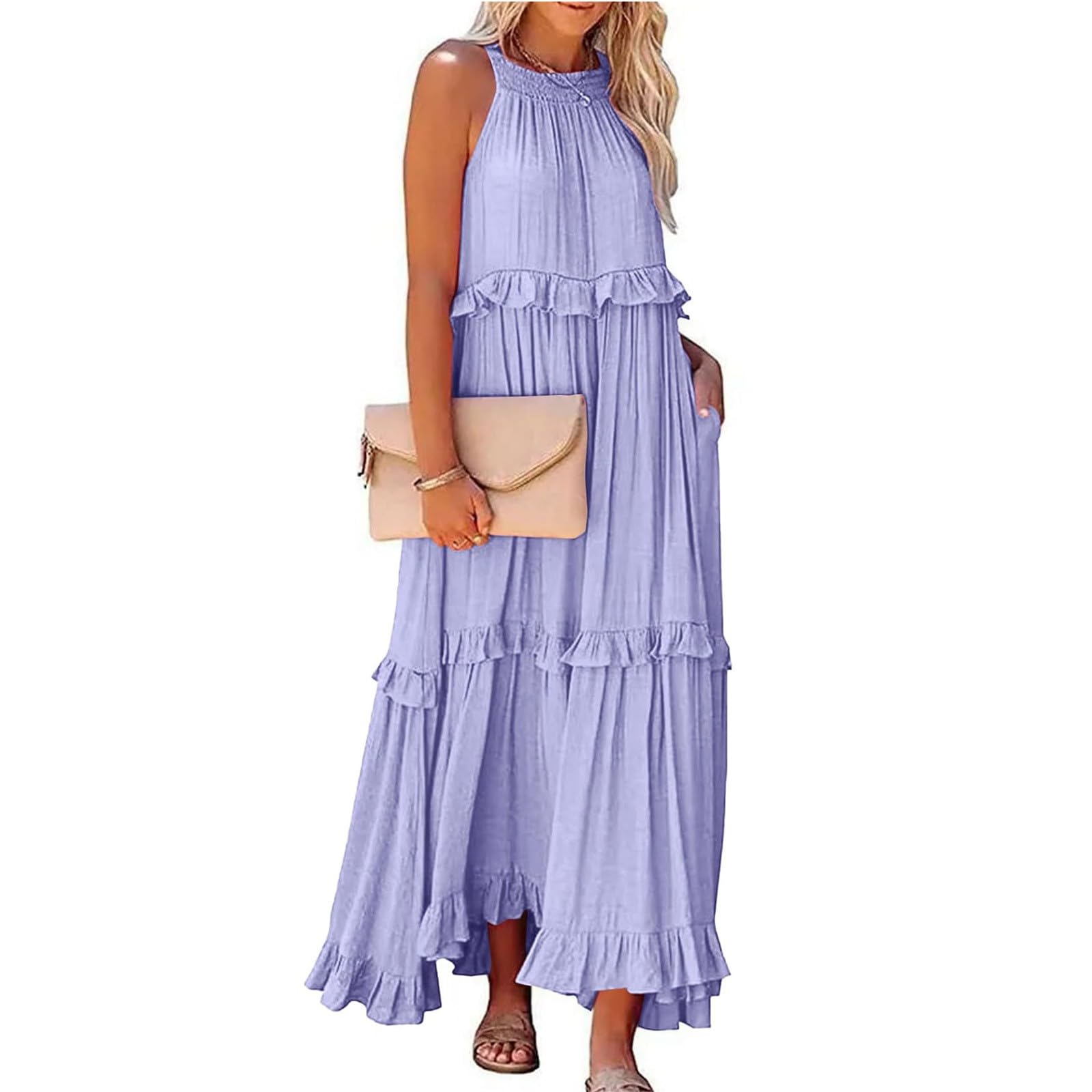 Women's Halter Neck Smocked Tiered Maxi Dress - Flowy Swing Summer Cocktail & Wedding Guest Dress with Pockets | Beach Vacation, Garden Party, Formal Events