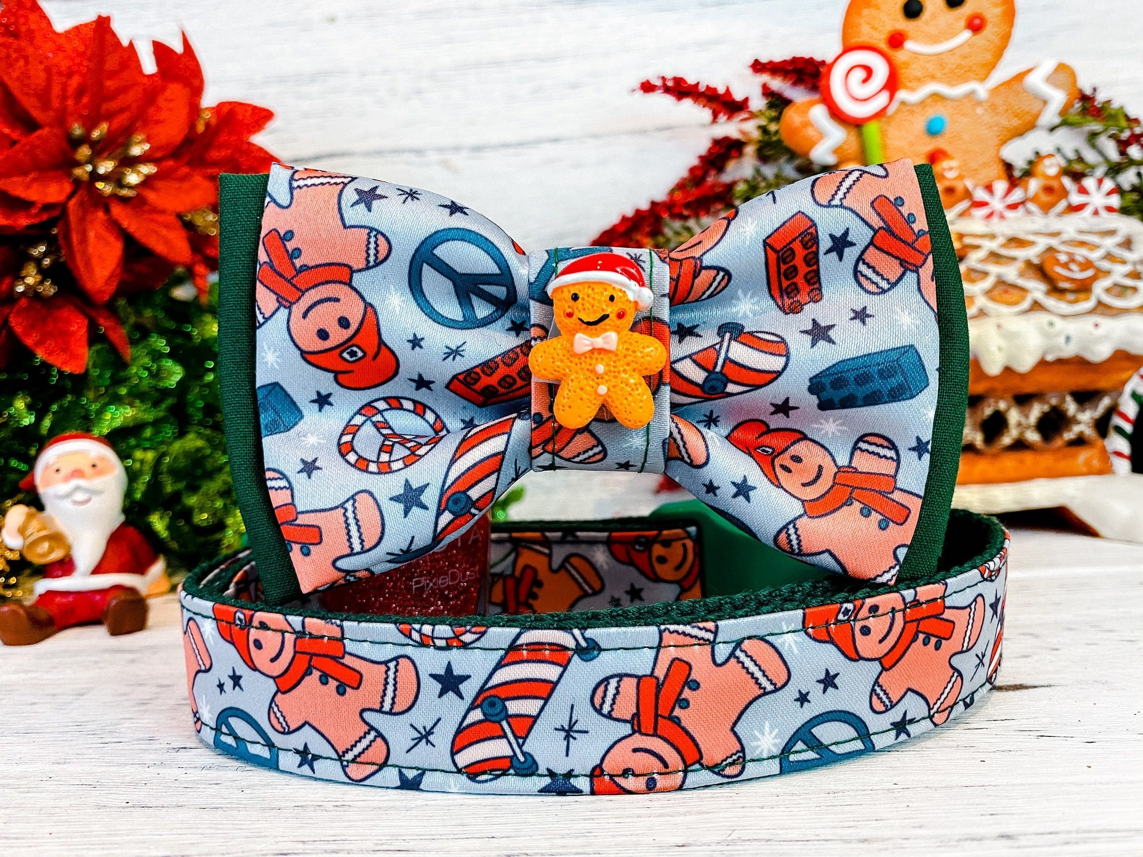 Stylish Dog Collar with Bow Tie - Christmas Gingerbread & Skyboard Design - Perfect for Holiday Pet Photos & Festive Occasions