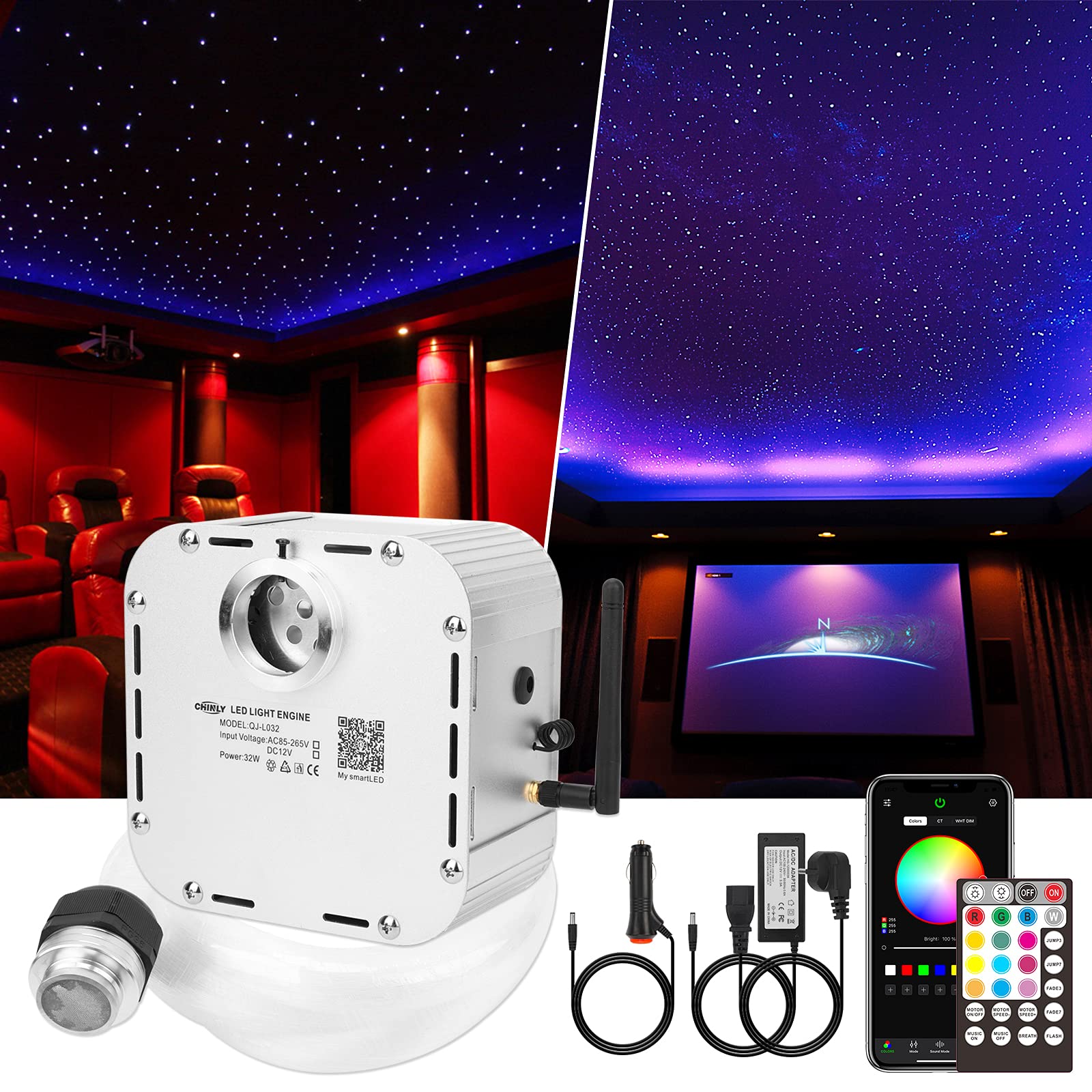 CHINLY 32W Twinkle 1000pcs 0.03in 16.4ft Bluetooth RGBW LED Fiber Optic Star Ceiling Light Kit with APP/Remote Control, Music Sync Mode for Cars, Home Theaters & Bedrooms - Includes Adapter, Cigarette Lighter & 10 Crystals | Create Starlit Ambiance for Romantic Nights & Relaxing Spaces