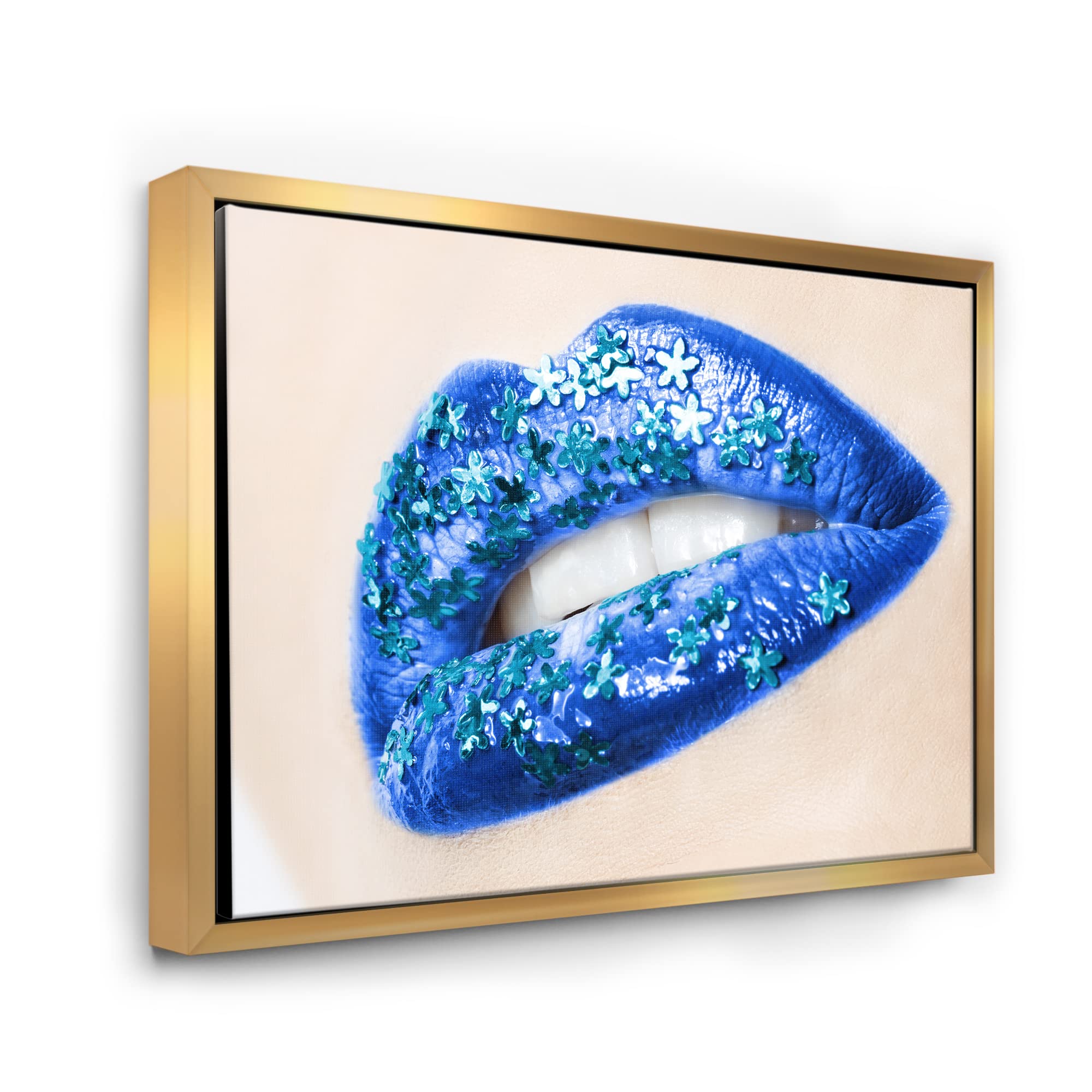 DesignQ Beautiful Female Lips Blue With Flowers - Modern Framed Canvas Wall Art Print for Living Room, Bedroom & Office Decor | Home Wall Decoration Gift Idea