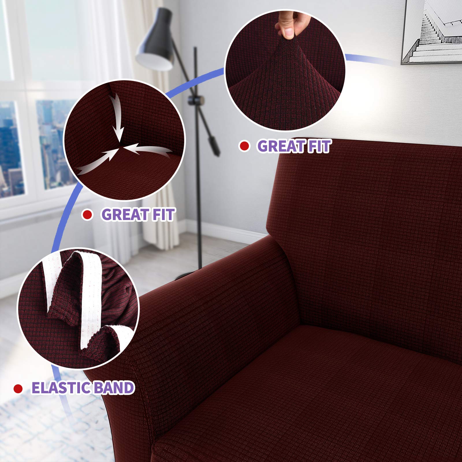 Premium 2-Piece Stretch Armchair Slipcovers - Anti-Slip Living Room Chair Covers, Machine Washable Sofa Protector (Wine Red) - Perfect for Home Decor, Guest Seating & Furniture Protection