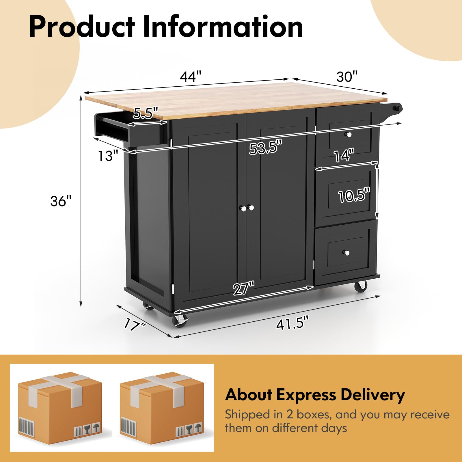 GOFLAME Kitchen Island Cart with Drop Leaf - Rolling Kitchen Cart on Wheels with Rubber Wood Top, 3 Drawers, Towel & Spice Rack, 2-Door Cabinet - Perfect Serving Trolley for Small Kitchens, Dining Rooms & Breakfast Nooks (Black)