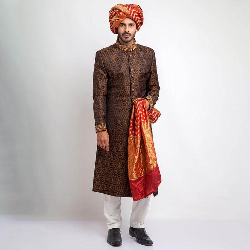 Black and Copper Pure Jamavar Silk Sherwani for Men | Elegant Indian Wedding Attire | Perfect for Groom Wear, Festive Occasions & Cultural Celebrations