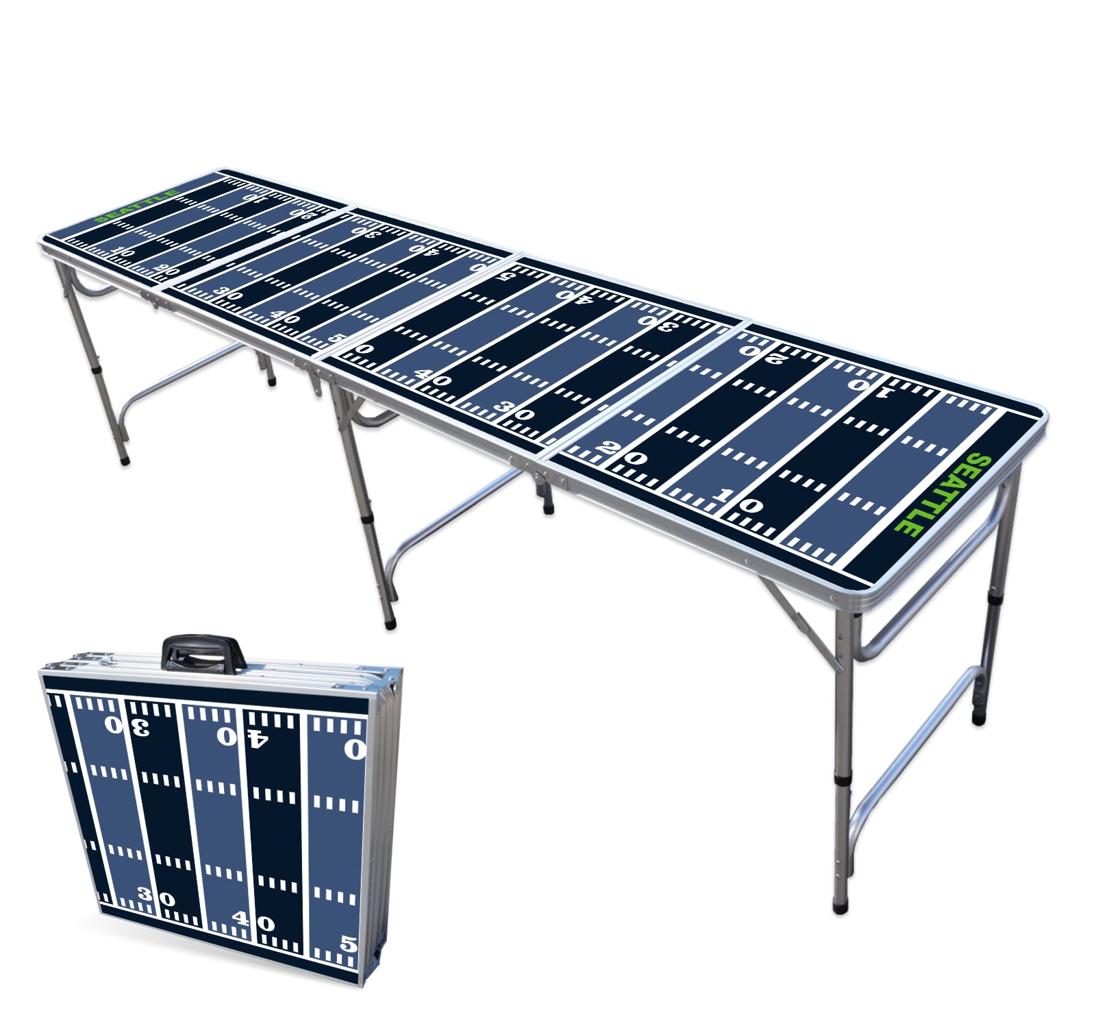 8-Foot Folding Portable Beer Pong Table with Optional Cup Holders & LED Lights - Seattle Seahawks Football Field Design for Indoor/Outdoor Parties, Tailgating & Game Nights