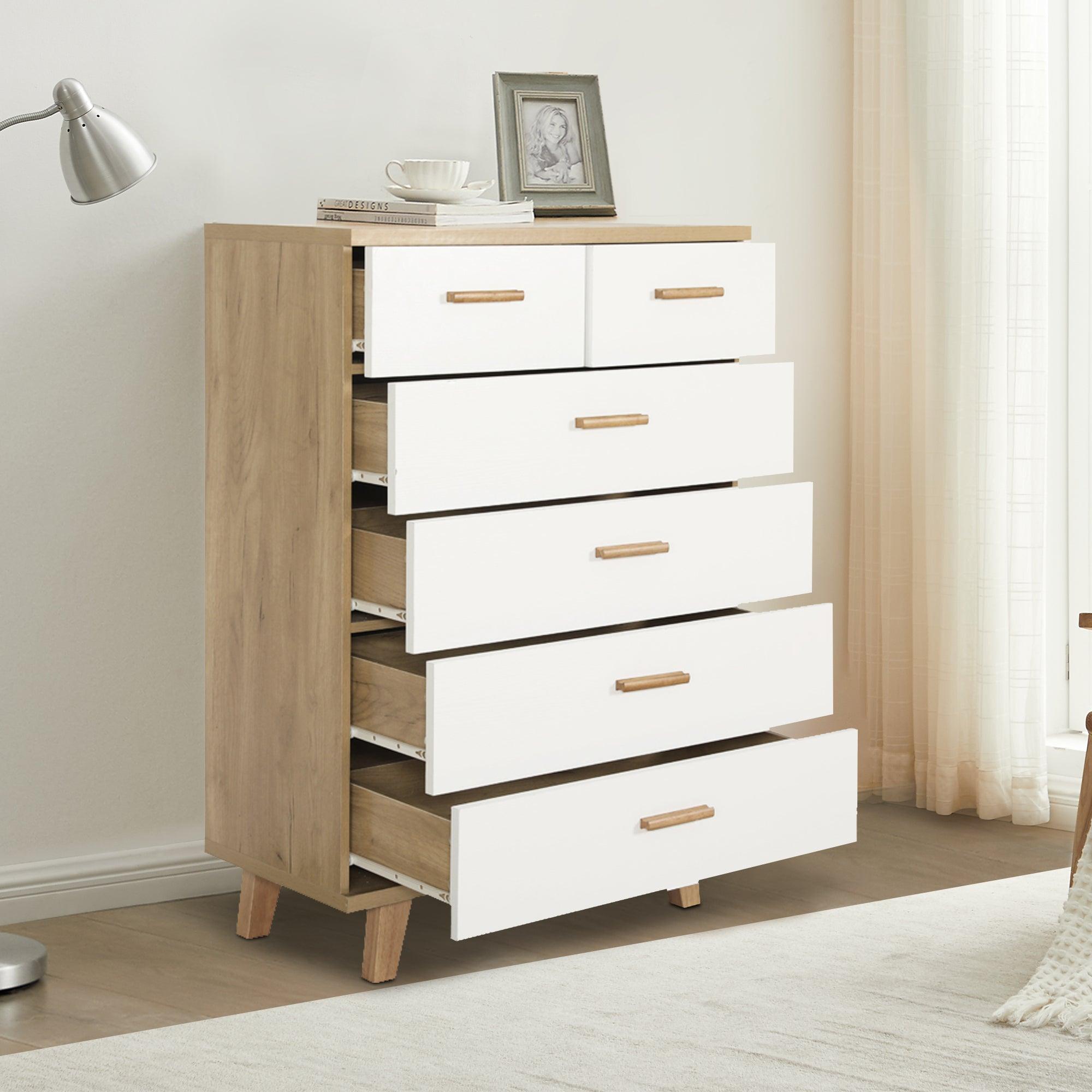 Solid Wood Drawer Dresser Cabinet - Buffet Sideboard Storage with Wooden Handles for Dining Room, Living Room, Kitchen & Hallway - Brown & White Console Table | Perfect for Home Organization & Extra Storage Space