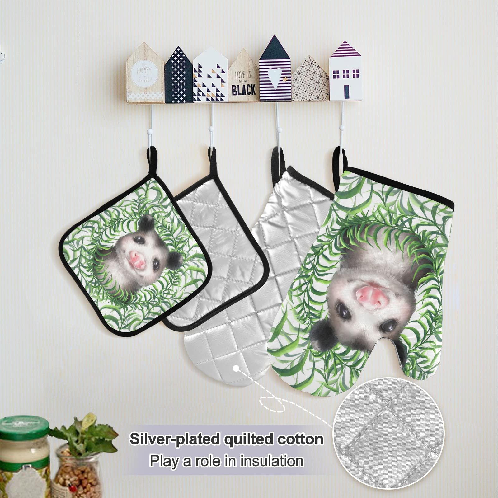 Heat-Resistant 5-Piece Kitchen Set - Insulated Oven Mitts, Pot Holder, Apron & Mat for Baking, Grilling & Cooking | Baby Opossums Green Grass Design | Microwave Safe & Heat Protection for Home Chefs