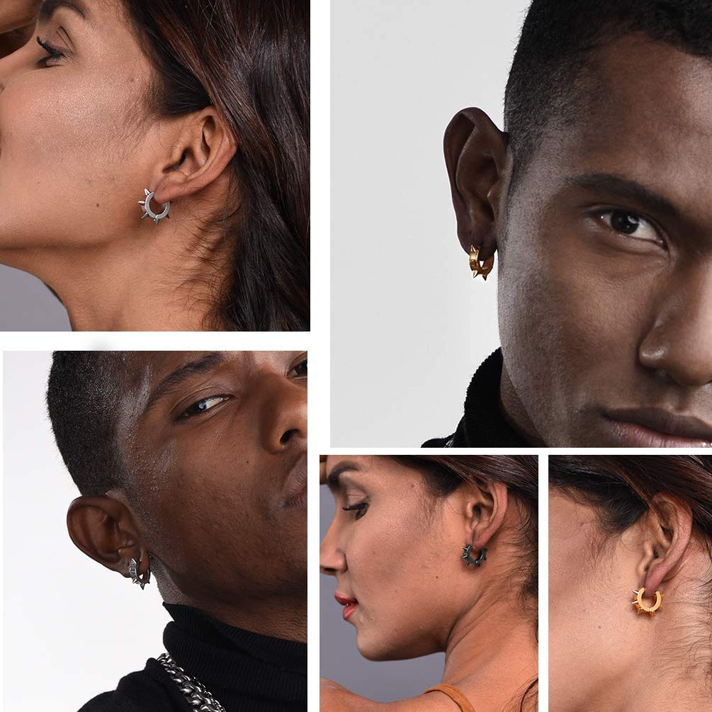 5 Pairs Punk Style Stainless Steel Spike Hoop Earrings & Studs for Men & Women - Body Piercing Jewelry Set for Gothic, Rocker & Alternative Fashion Lovers