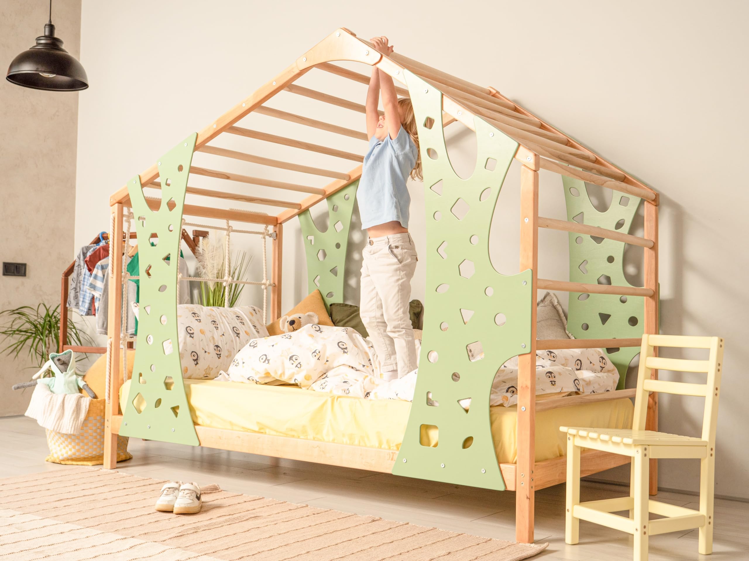 Montessori Toddler Bed with Climbing Gym - Solid Wood Twin Bed Frame for Kids - Monkey Bed with Legs & Slats - Perfect for Playrooms, Bedrooms & Montessori Learning Spaces