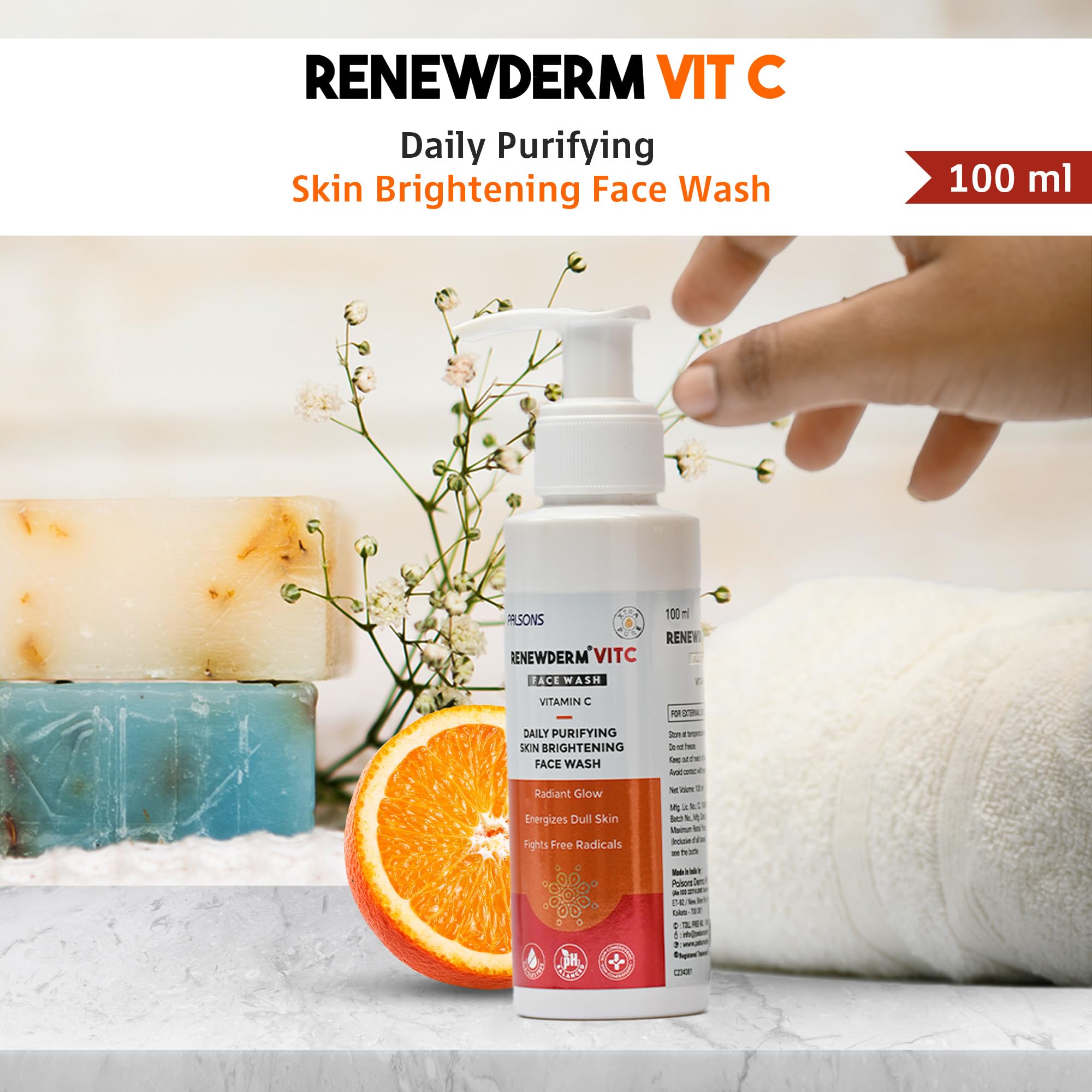 Renewderm Vitamin C Face Wash with Jojoba Beads - Brightening Cleanser for Radiant, Youthful Skin | Fights Free Radicals | Daily Purifying & Skin Brightening | 100ml | Perfect for Morning & Night Skincare Routine