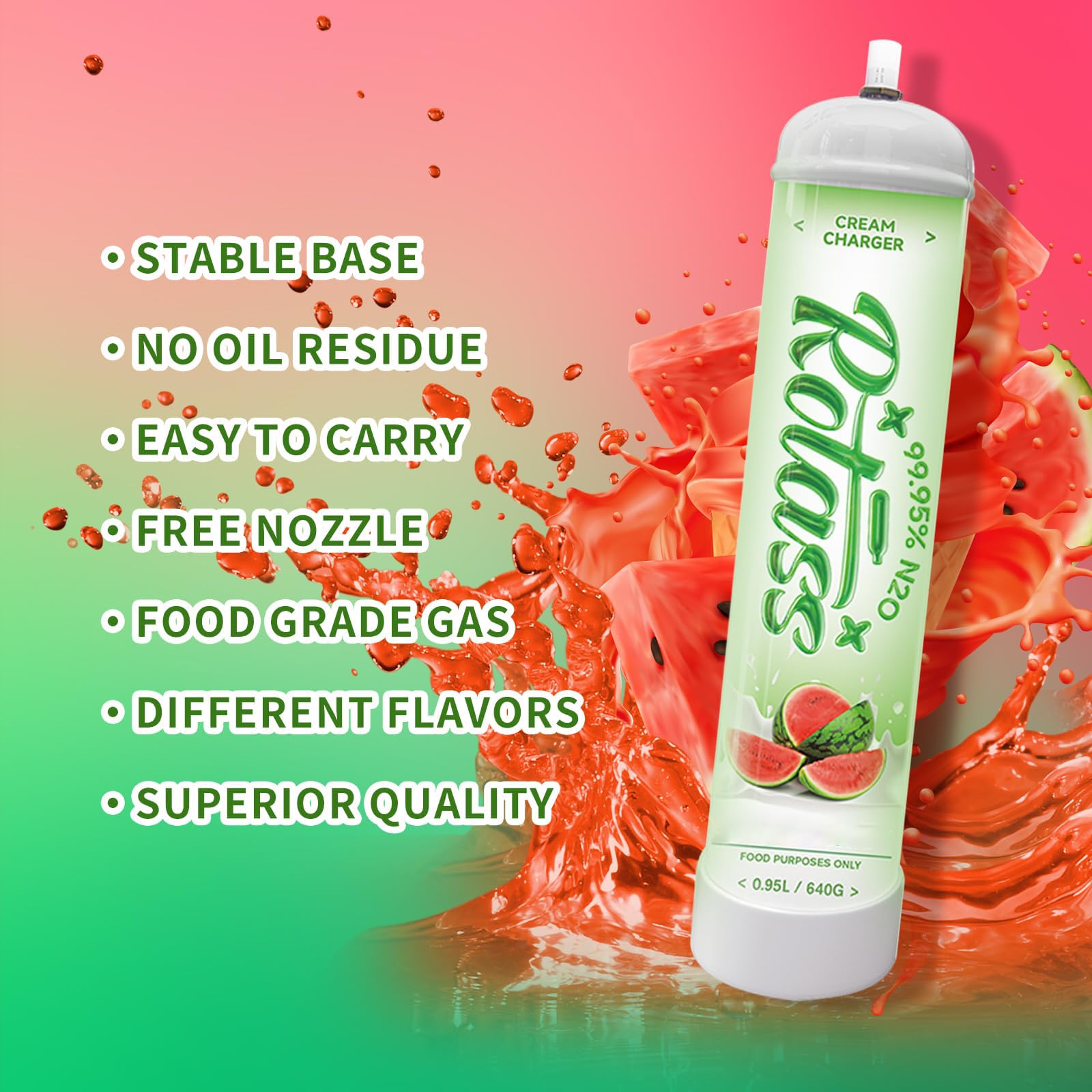 Premium Whipped Cream Charger - Watermelon Flavor 0.95L Whipped Cream Dispenser with 6 Professional 640g Cream Cylinders | Perfect for Desserts, Coffee Toppings & Party Catering