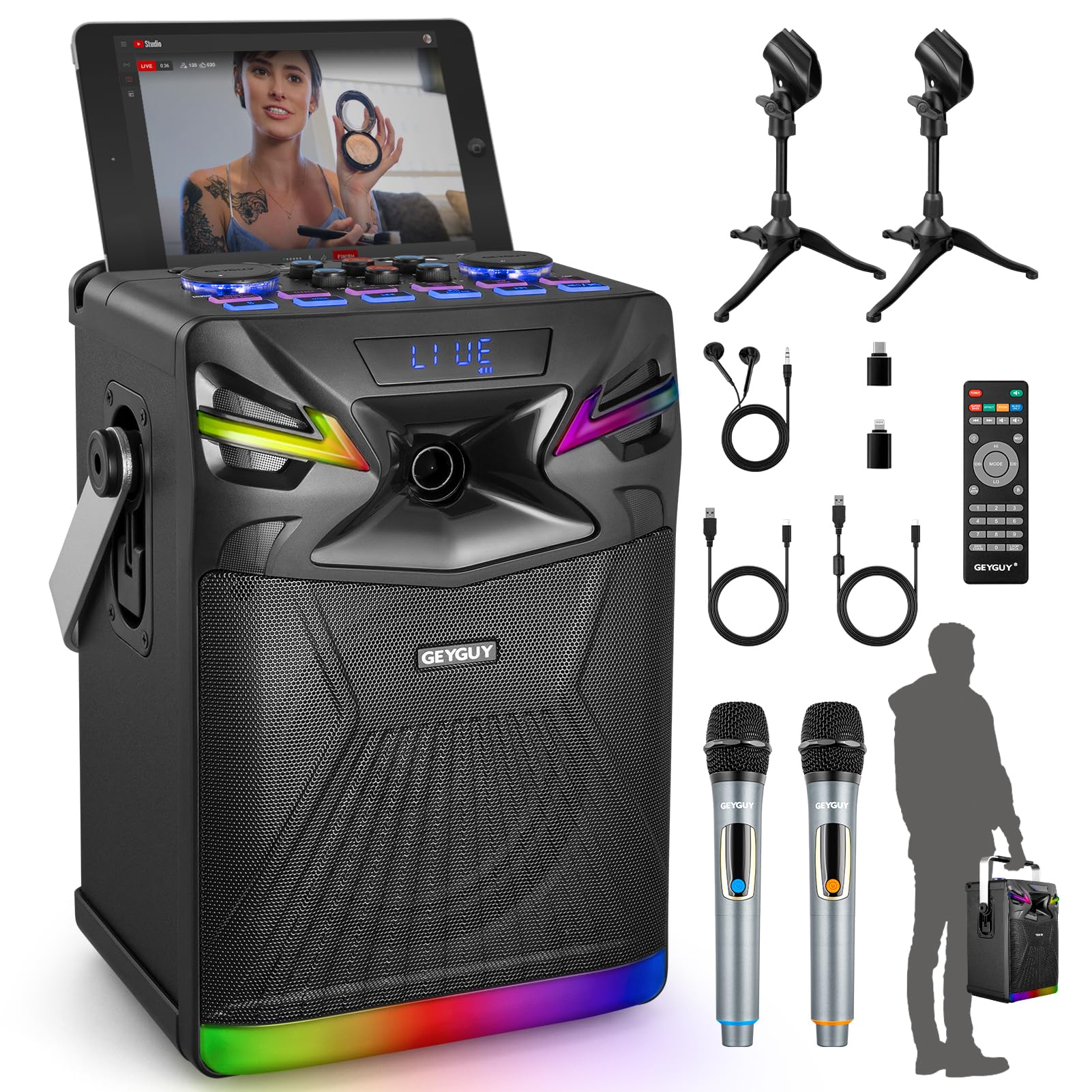 Professional DSP Bluetooth Karaoke Machine with 2 Wireless Mics - 6.5