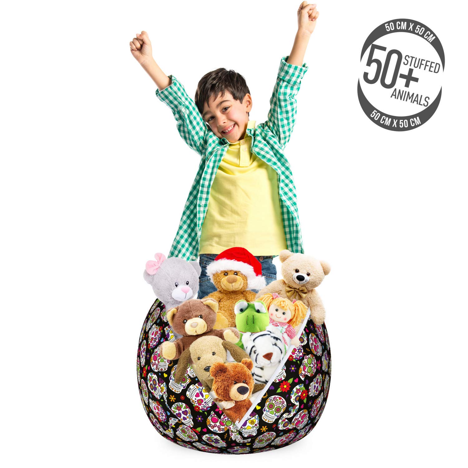 Ambesonne Sugar Skull Toy Storage Bag Chair - Graveyard Mexico Design Black Backdrop Print - Washable Stuffed Animal Organizer - Small Multicolor - Perfect for Kids' Room, Playroom & Toy Organization