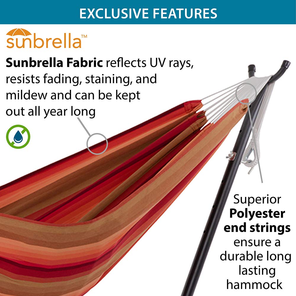 Vivere Double Sunbrella Hammock with Space-Saving Steel Stand - 450 lb Weight Capacity - Premium Carry Bag Included (Sunset) - Perfect for Backyard Relaxation, Camping & Beach Vacations