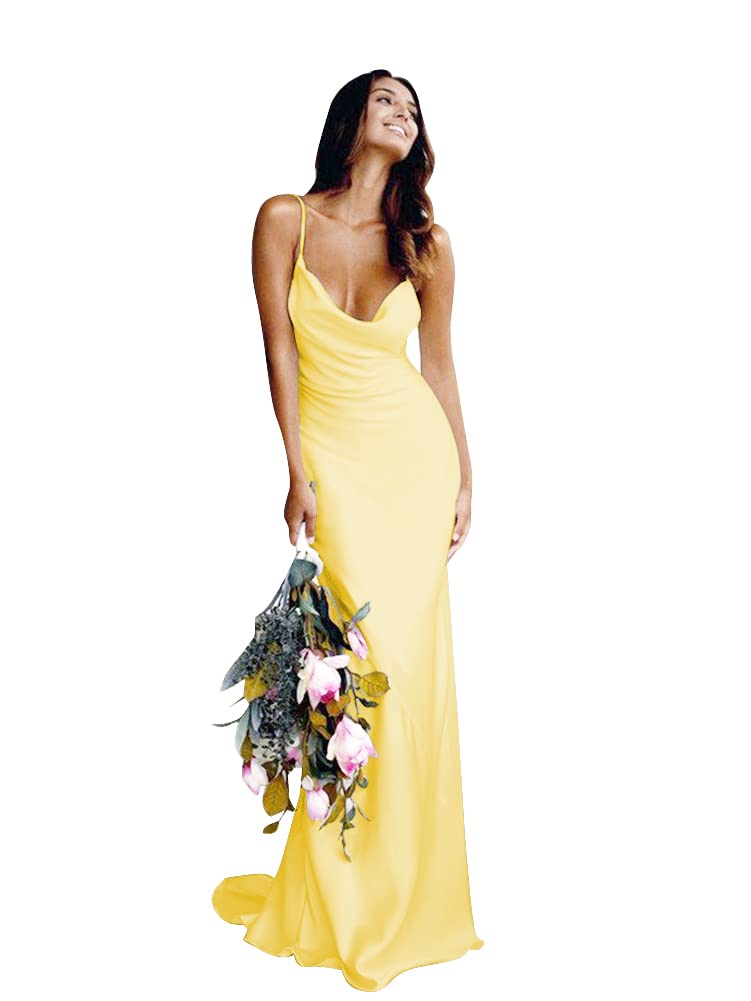 Elegant Yellow Satin Spaghetti Strap V-Neck Mermaid Wedding & Prom Dress for Women - Size 16 | Perfect for Bridesmaids, Evening Gowns & Special Occasions