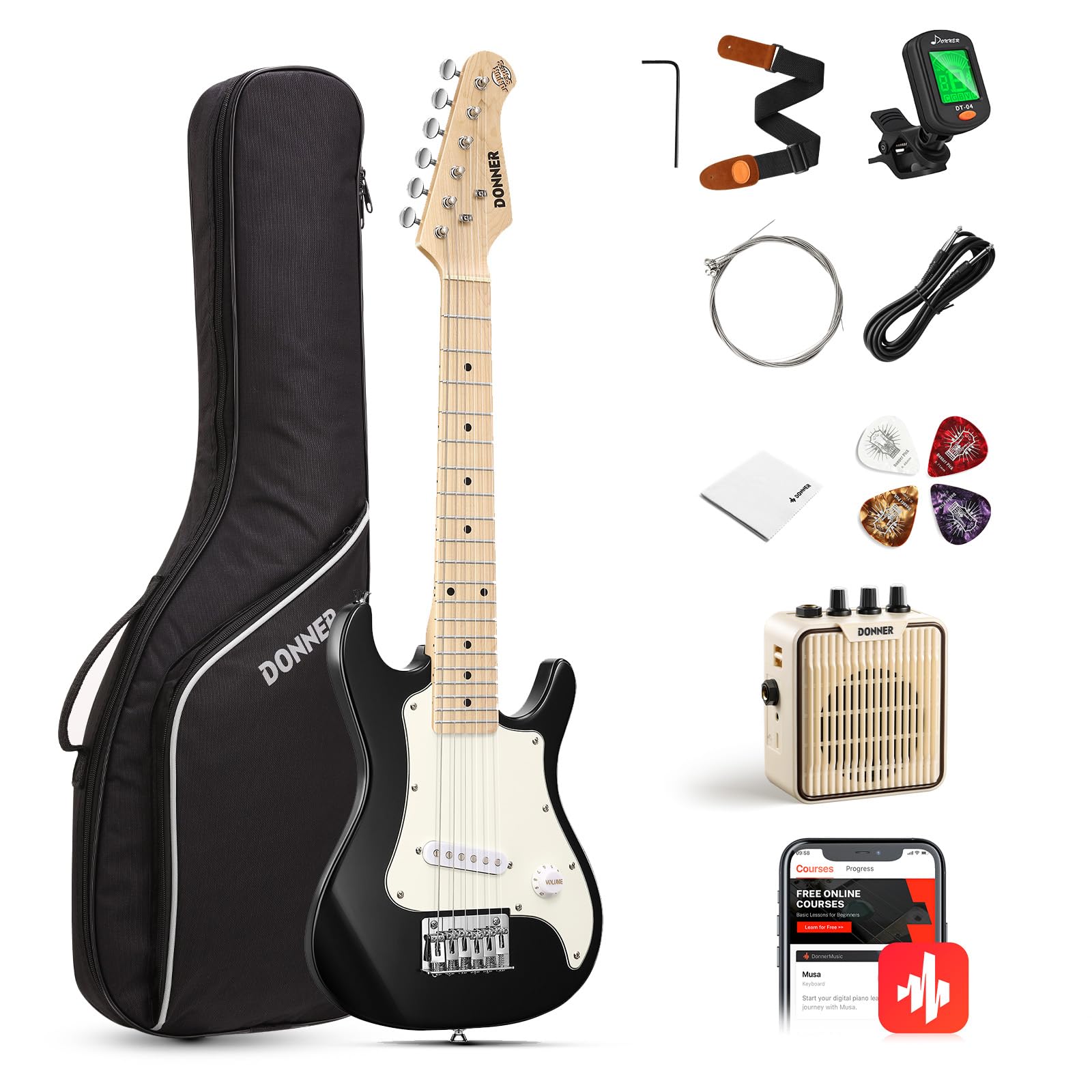 Donner 30 Inch Kids Electric Guitar Beginner Kit - ST Style Mini Electric Guitar for Boys & Girls with Amp, 600D Gig Bag, Tuner, Picks, Cable, Strap & Extra Strings (DSJ-100, Black) - Perfect for Home Practice, Music Lessons & Rockstar Performances