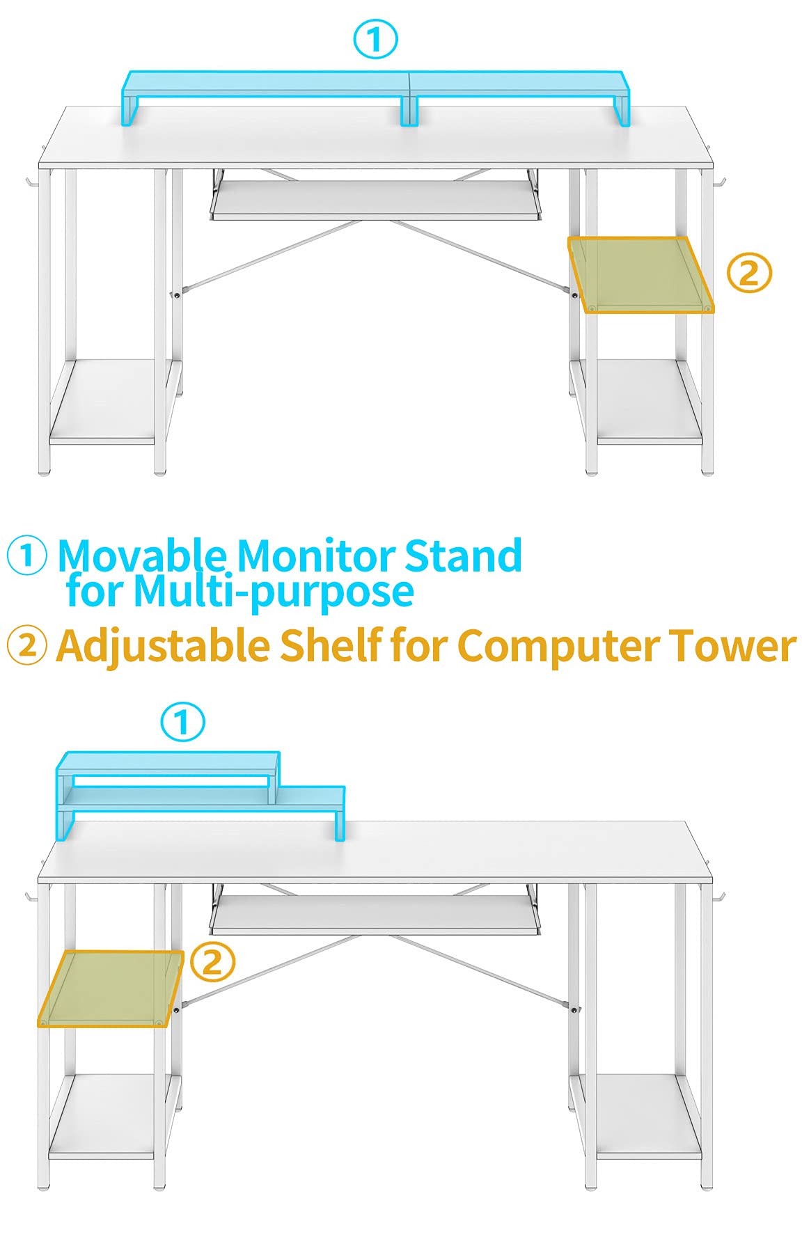 55 Inch Computer Desk with Keyboard Tray - Music Studio & Gaming Workstation with Storage Shelves, Monitor Stand & 4 Iron Hooks - Perfect for Home Office, Music Production & PC Gaming Setup