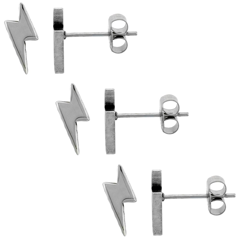 Stainless Steel Lightning Bolt Stud Earrings - 1 to 10 Pack (3/8 Inch) - Hypoallergenic & Durable for Everyday Wear, Gifts, and Punk Fashion Accessories