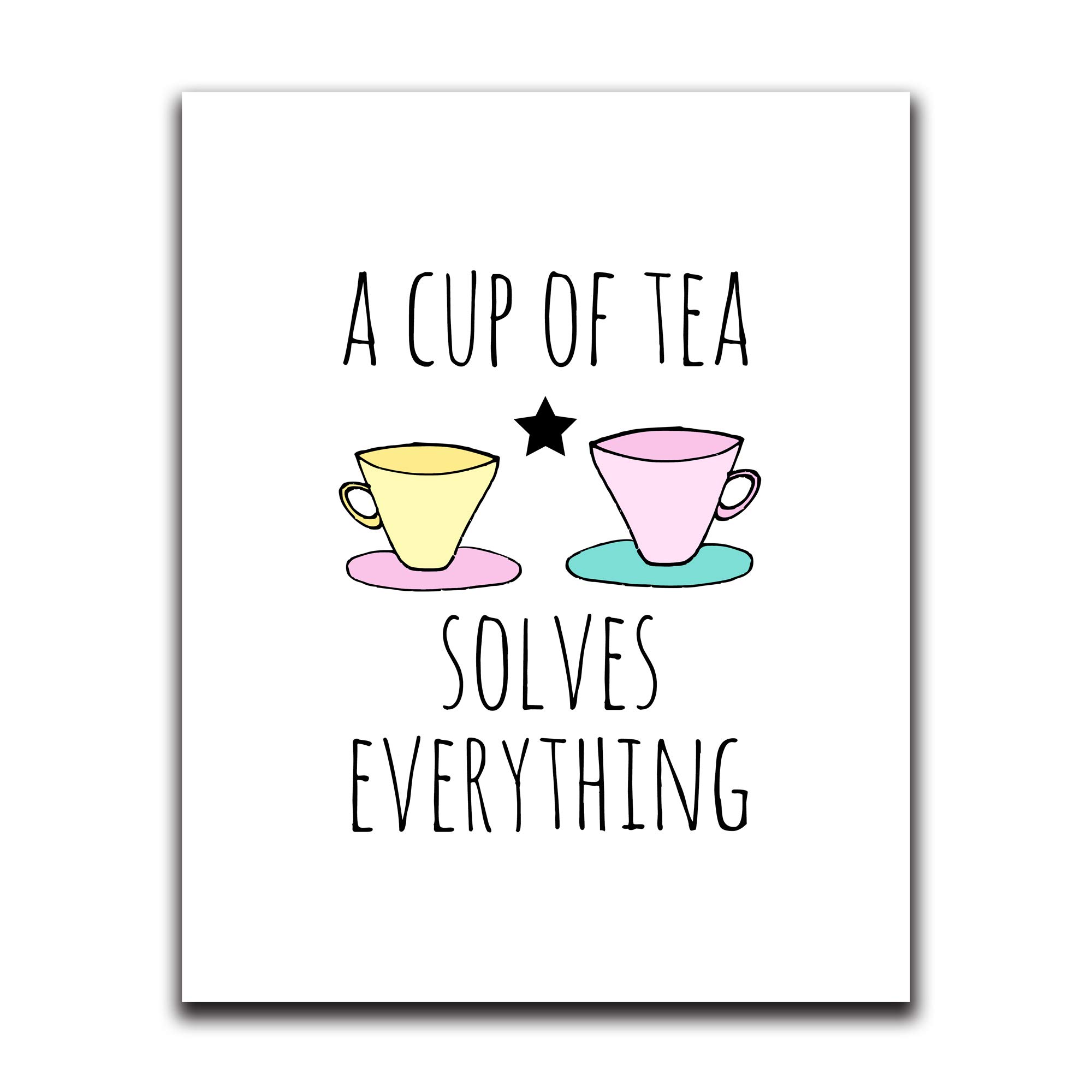 Funny Wall Decor with Sayings - A Cup of Tea Solves Everything | Humorous Wall Art for Bedroom, Bathroom, Kitchen, Office & Living Room | Perfect for Apartments & Dorm Rooms (8x10 Inches) | Great Gift Idea for Tea Lovers & Home Decor Enthusiasts
