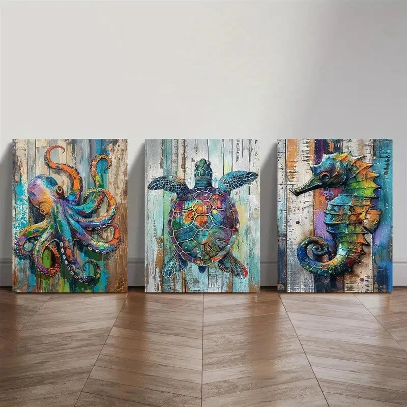 3-Piece Marine Life Metal Wall Art - Octopus, Seahorse & Turtle Prints - Ready to Hang Ocean Themed Decor for Living Room, Bedroom or Office