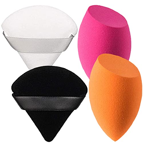 4-Piece Soft Velour Makeup Powder Puffs - Triangle Cosmetic Sponges for Loose Powder, Mineral Powder & Foundation (Wet/Dry Use) - Perfect for Face & Body Makeup Application & Setting