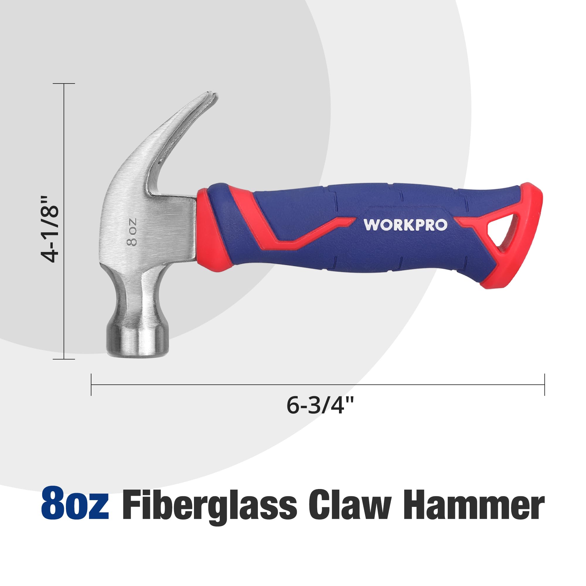 WORKPRO 8 oz Fiberglass Claw Hammer - Forged Steel Head, Shock Absorbing Grip - Perfect for Home Repair, Construction & DIY Projects - Smooth Face Hammer for Nail Pulling & Woodworking