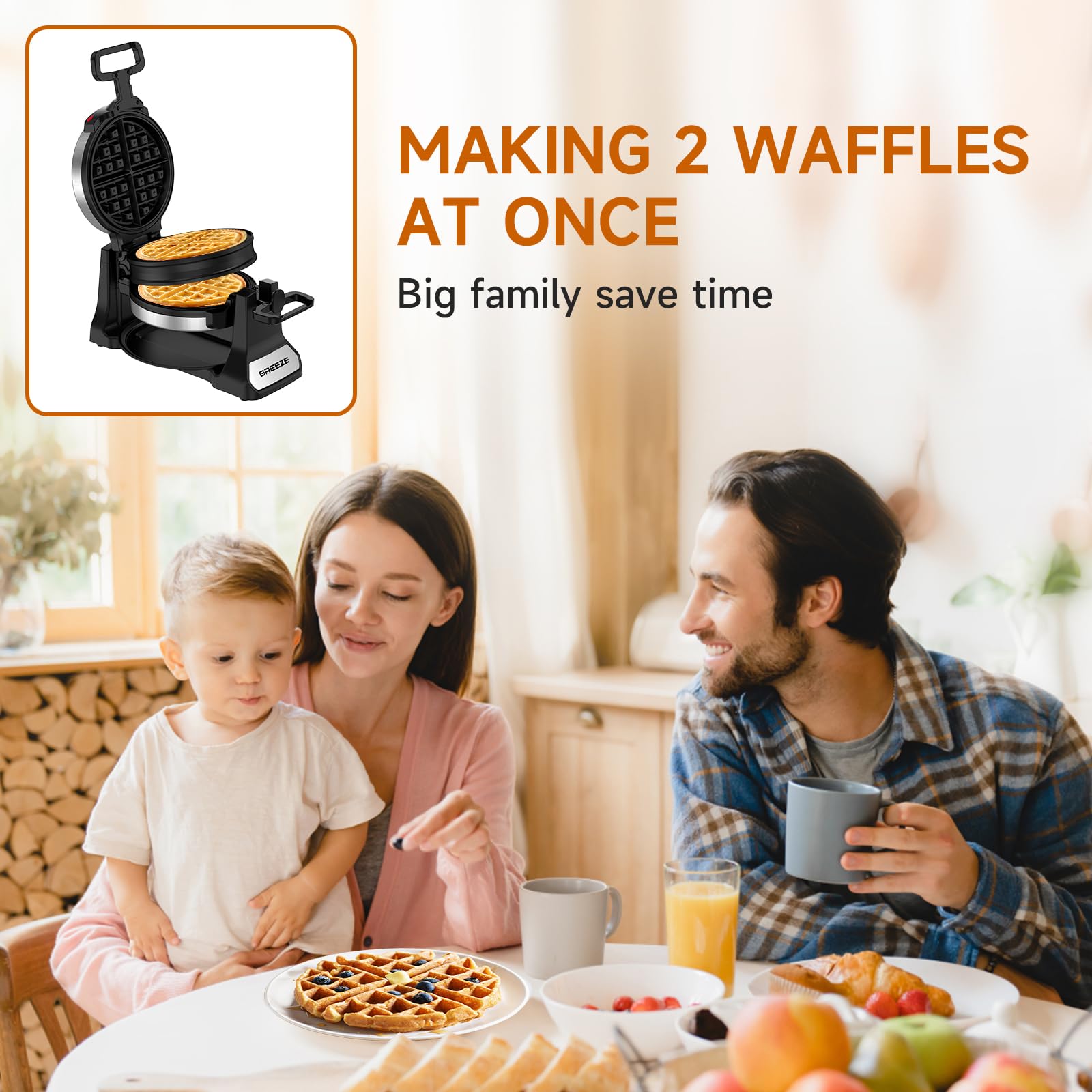 Double Belgian Waffle Maker 180° Flip - 1400W Stainless Steel Waffle Iron with Nonstick Plates & Removable Drip Tray - Makes 8 Slices - Perfect for Breakfast, Brunch, and Family Gatherings